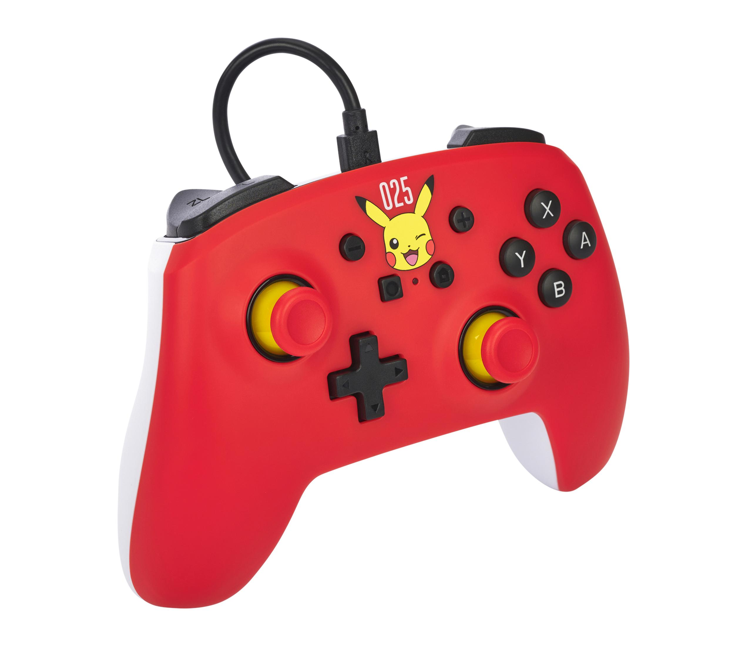 Czerwony kontroler Nintendo Switch z grafiką Pikachu. Posiada żółte joysticki i czarne przyciski.