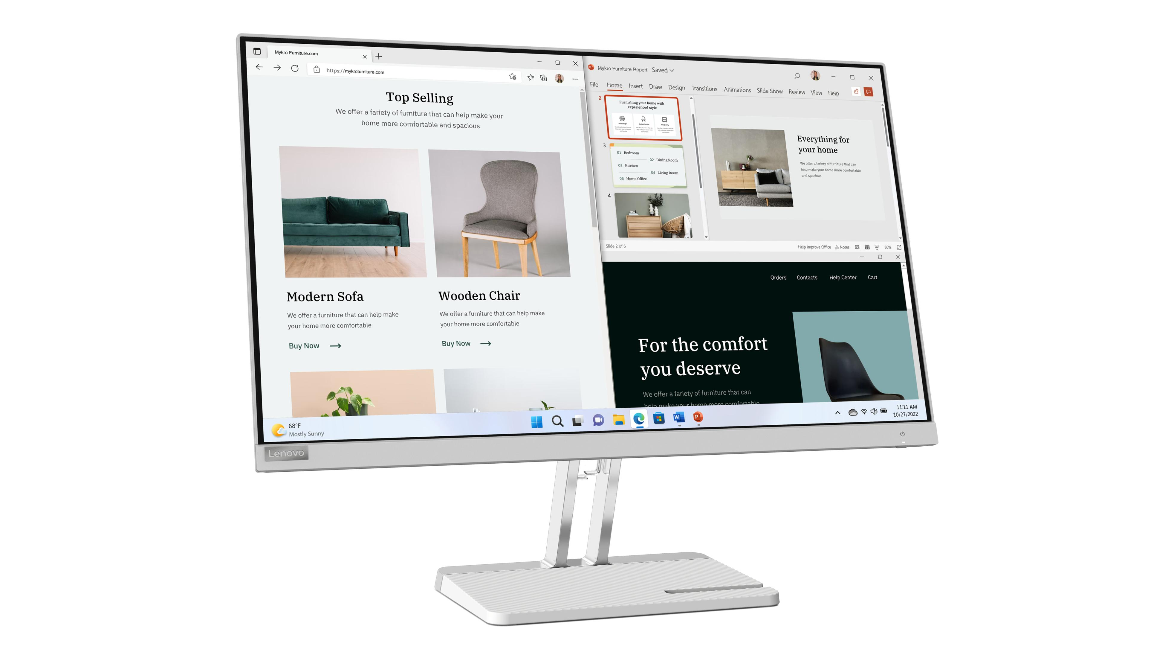 Monitor de computadora que muestra un sitio web con opciones de muebles.
