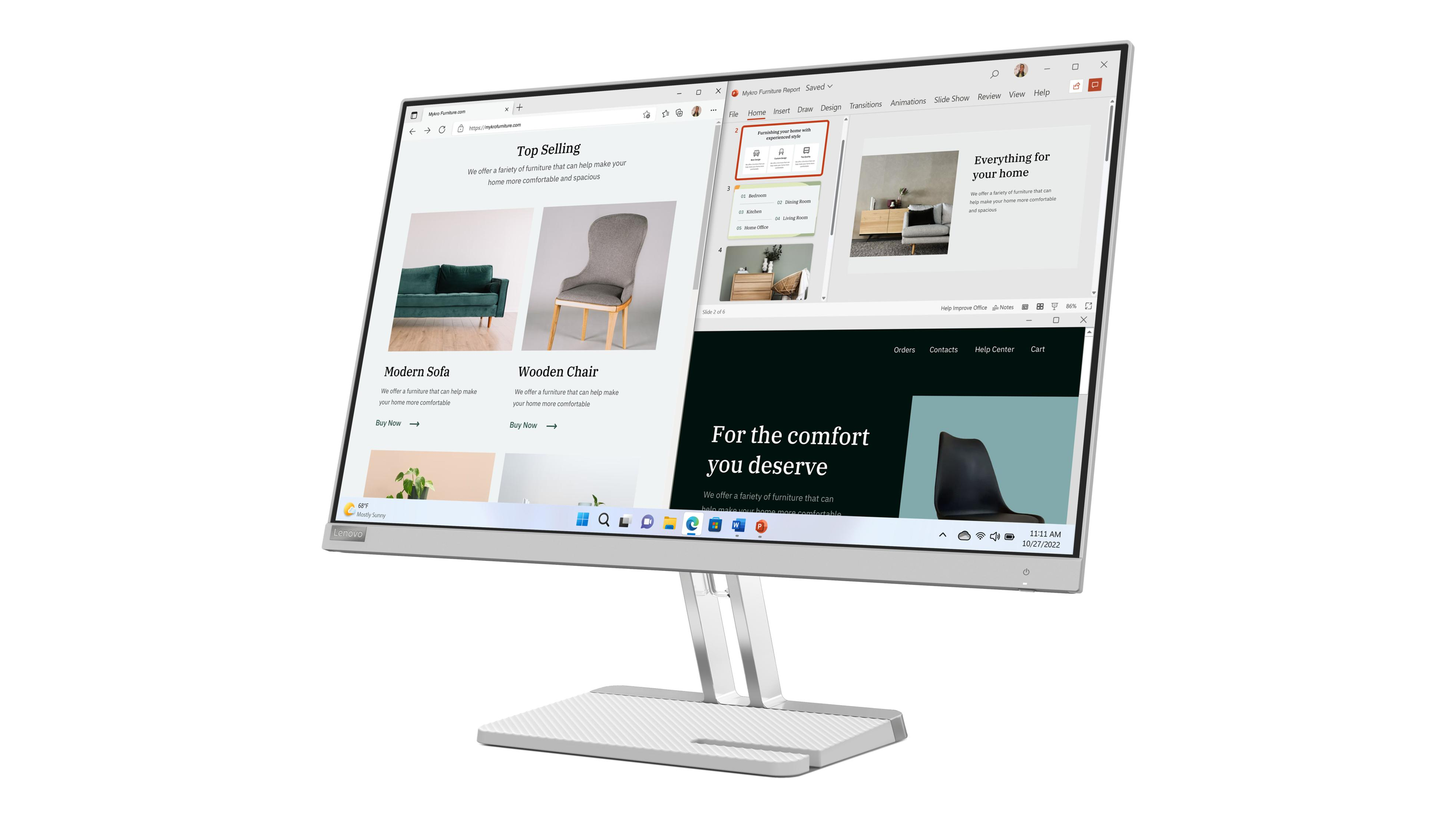 Un monitor Lenovo con un sitio web en la pantalla. El monitor es plateado y tiene un soporte blanco.
