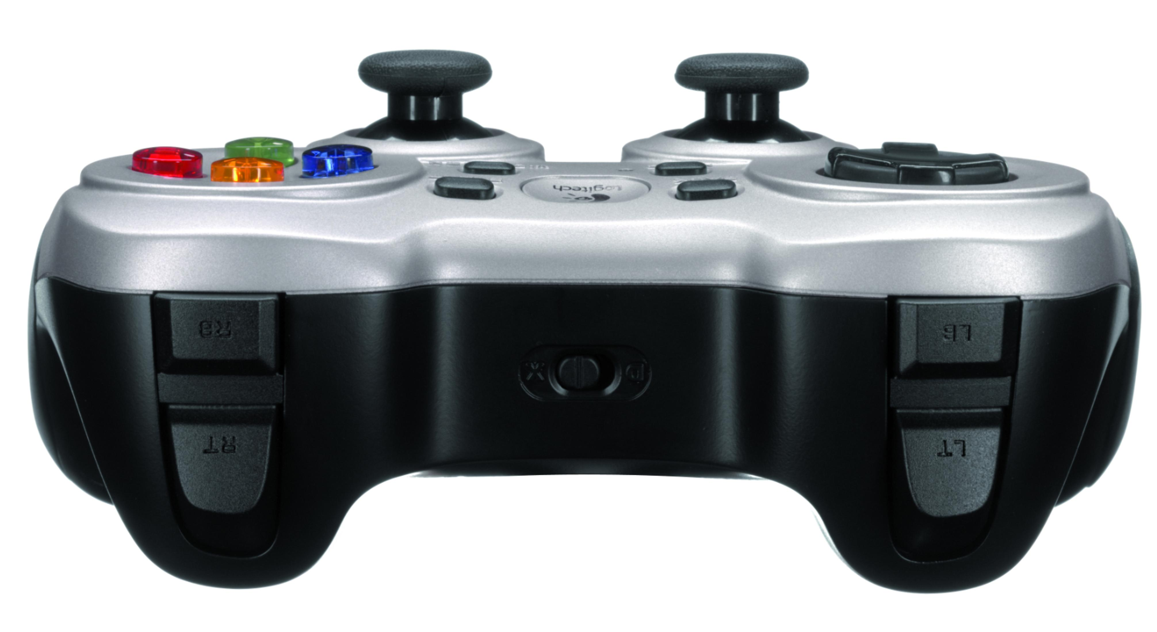 Czarny i srebrny kontroler do gier. Przyciski na górze, uchwyty na dole.