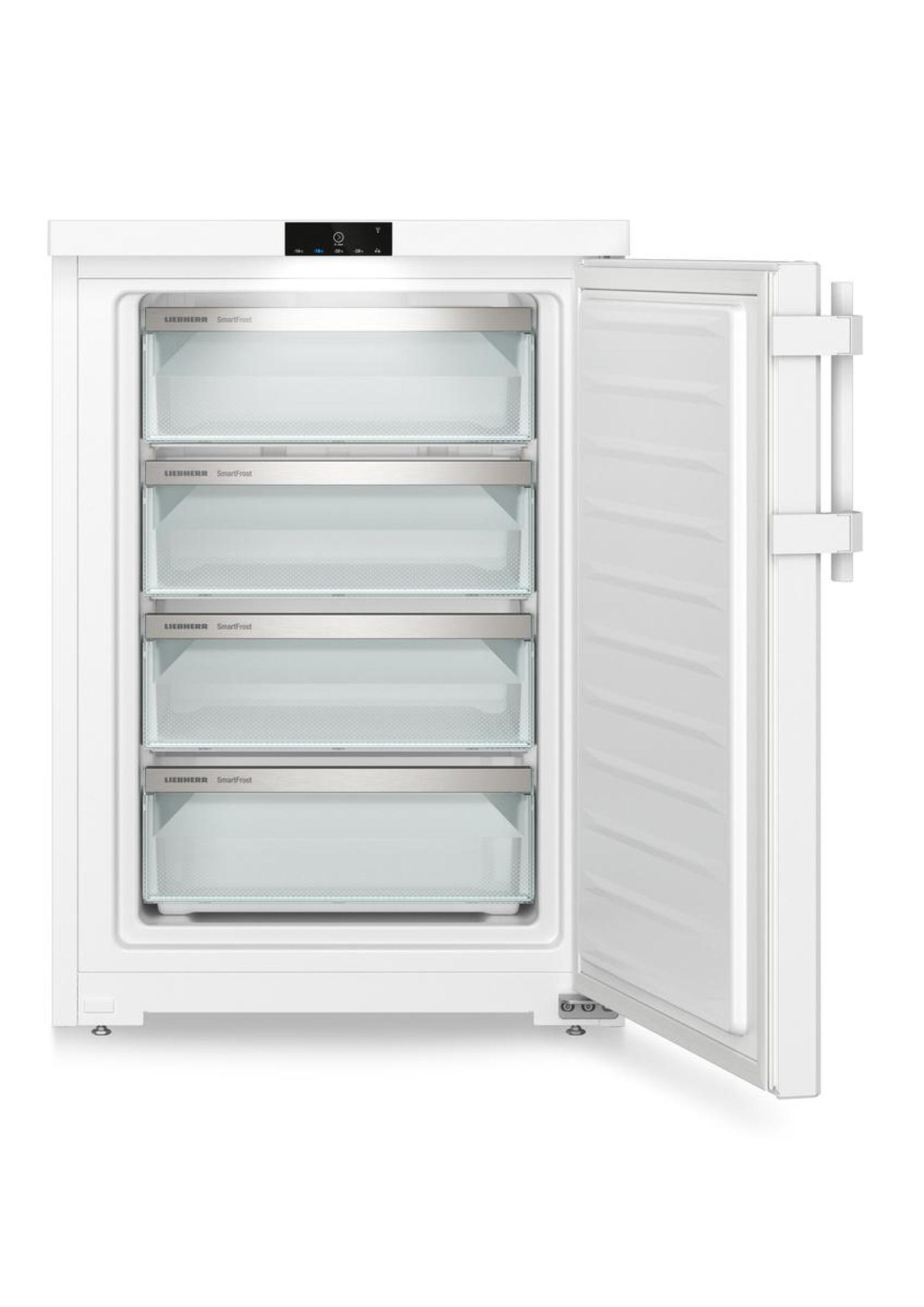 Congélateur Liebherr blanc avec porte ouverte, révélant des étagères. Chaque étagère a des tiroirs transparents.
