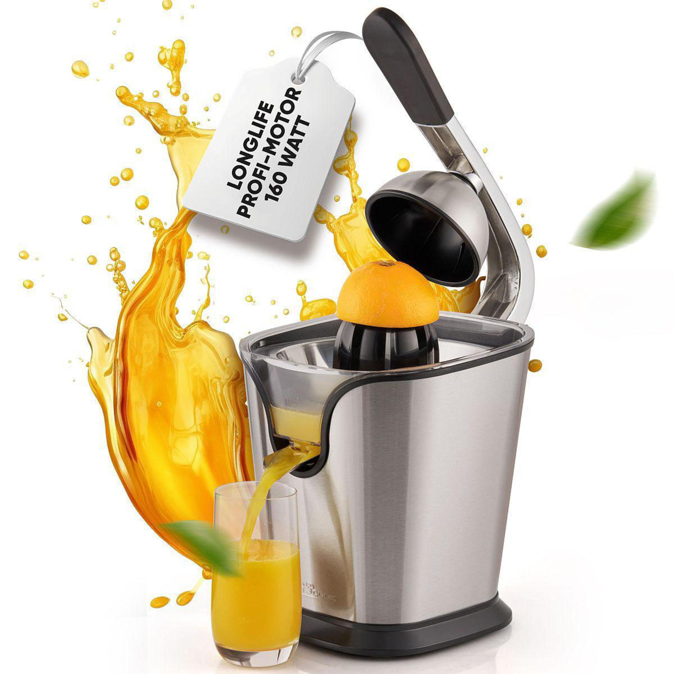 Wyiskarka z pomarańczą. Sok wlewa się do szklanki, widoczny jest rozprysk soku pomarańczowego.