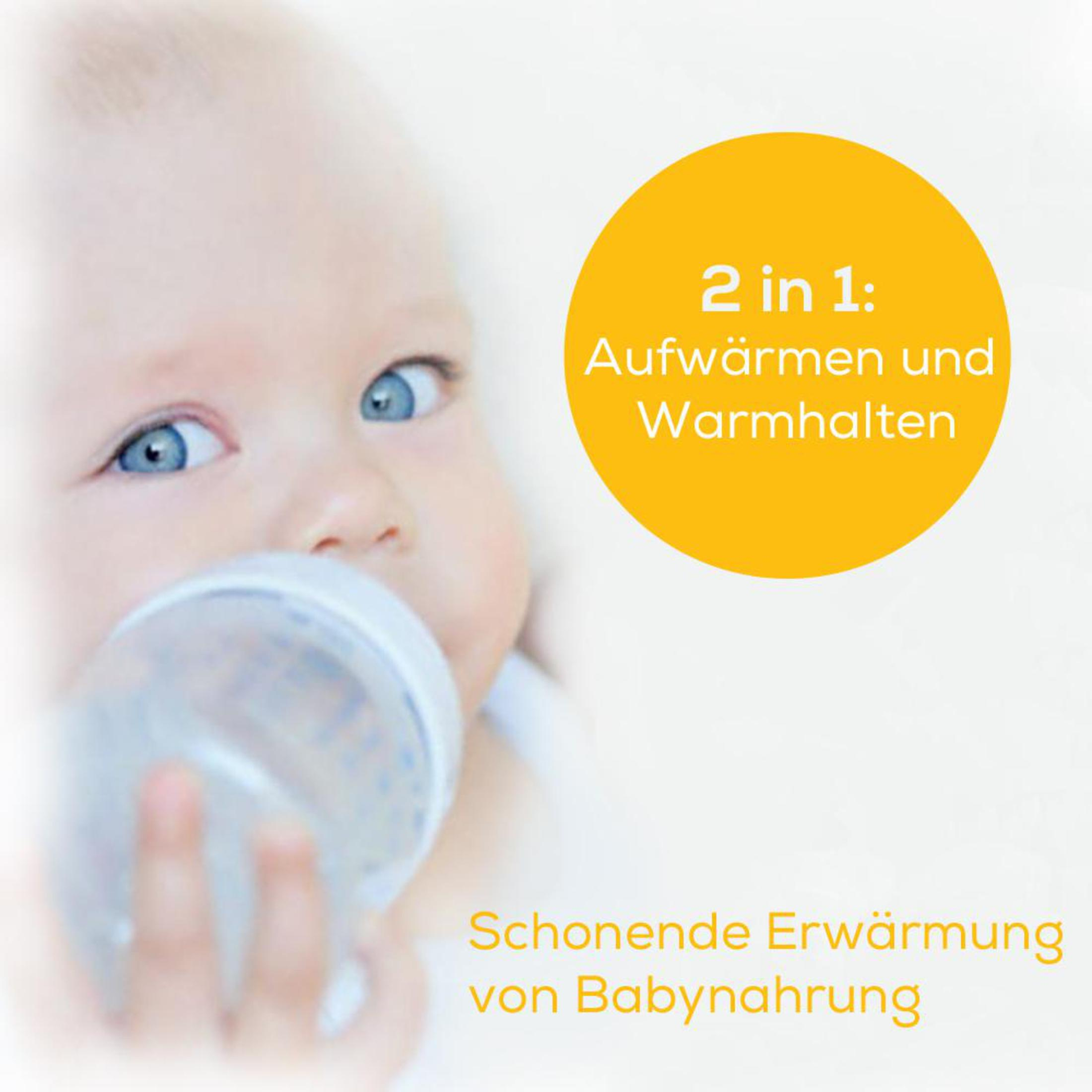 Un bambino con gli occhi azzurri tiene in mano un biberon. Testo: '2 in 1: Aufwärmen und Warmhalten'.