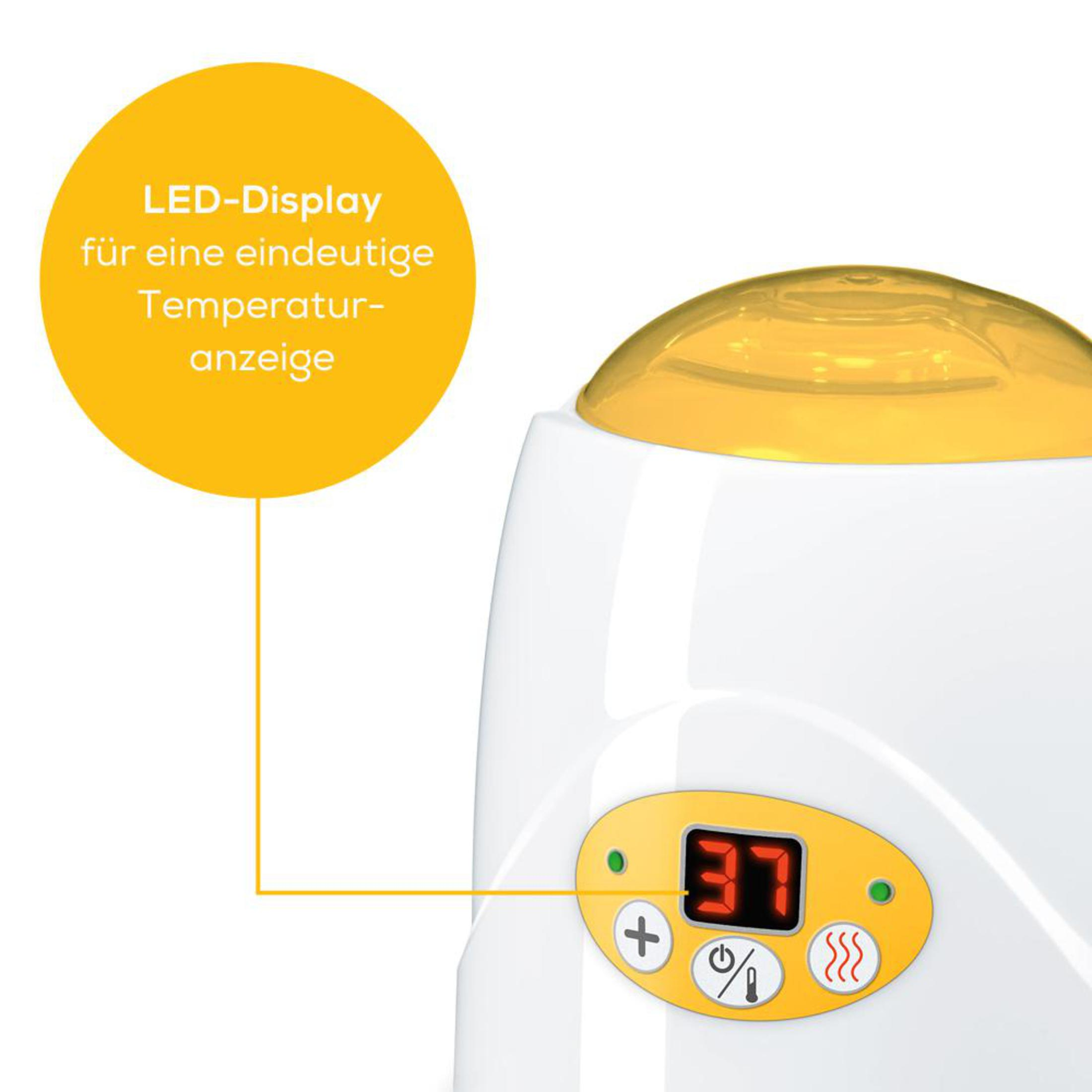 Uno scaldabiberon bianco e giallo, con un display che mostra la temperatura.