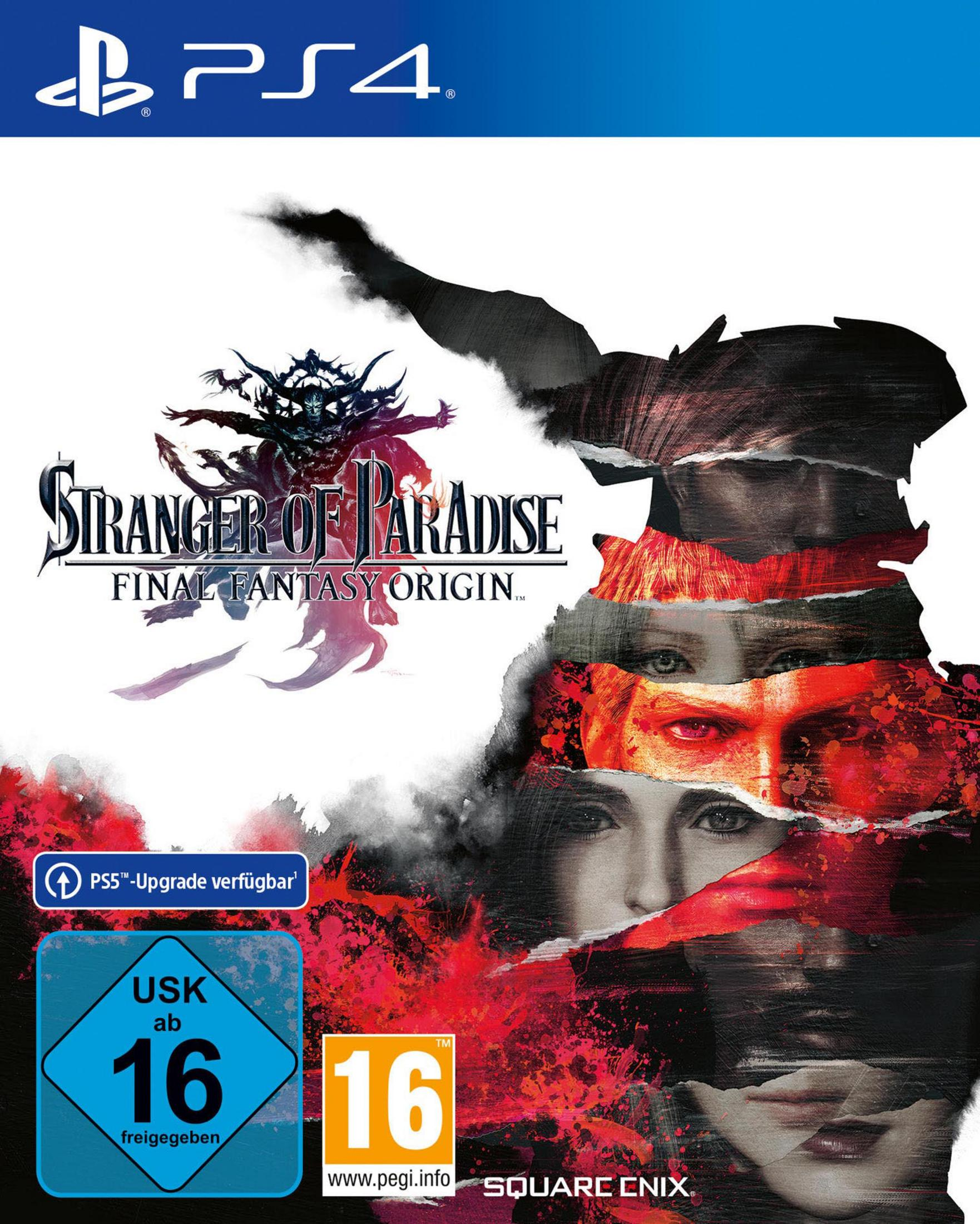 Spielcover für 'Stranger of Paradise: Final Fantasy Origin', mit einem dunklen und dramatischen Kunststil. PS4-Logo.
