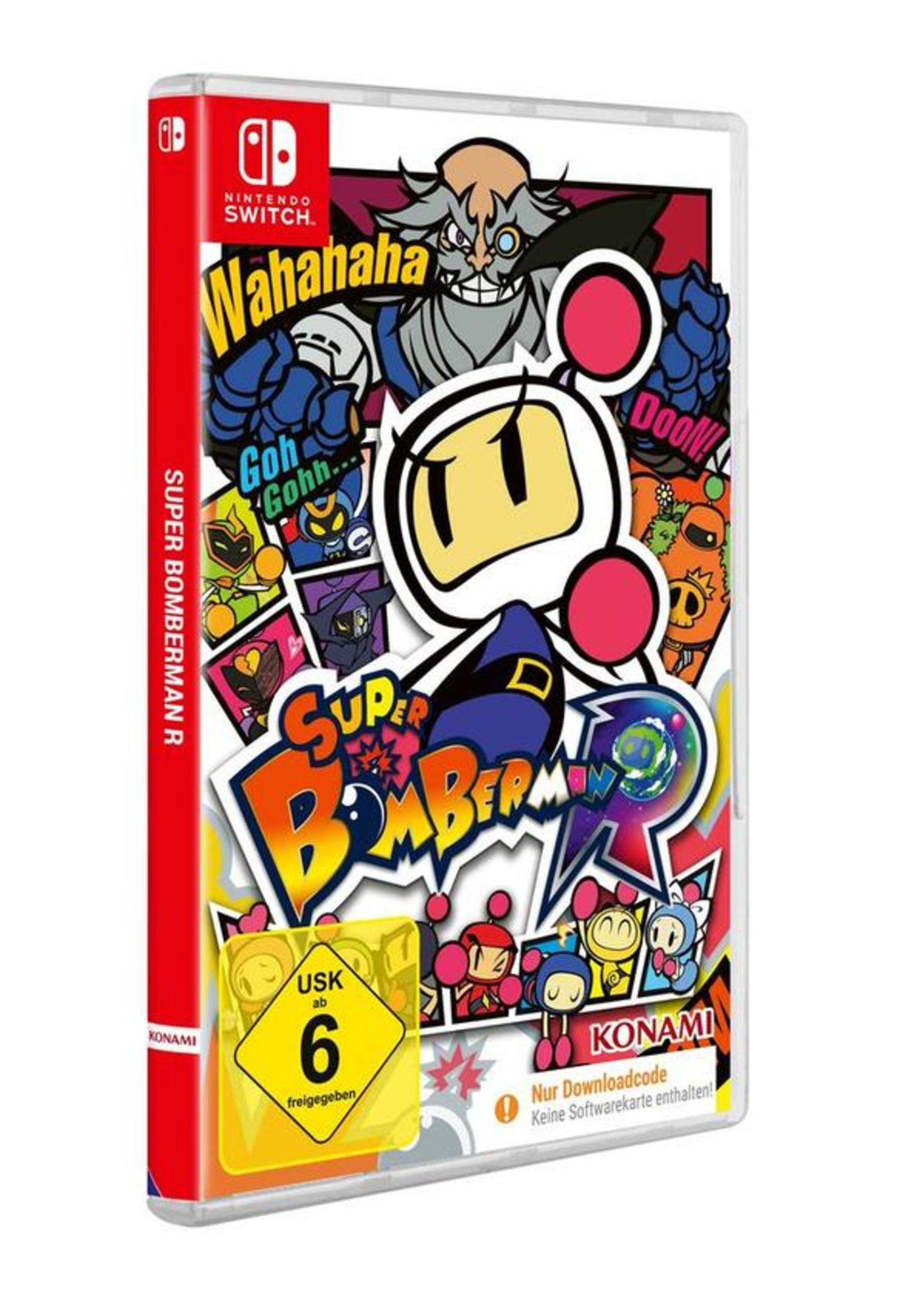 Nintendo Switch Spielbox: Super Bomberman R, farbenfrohes Artwork, Konami-Logo, USK 6.