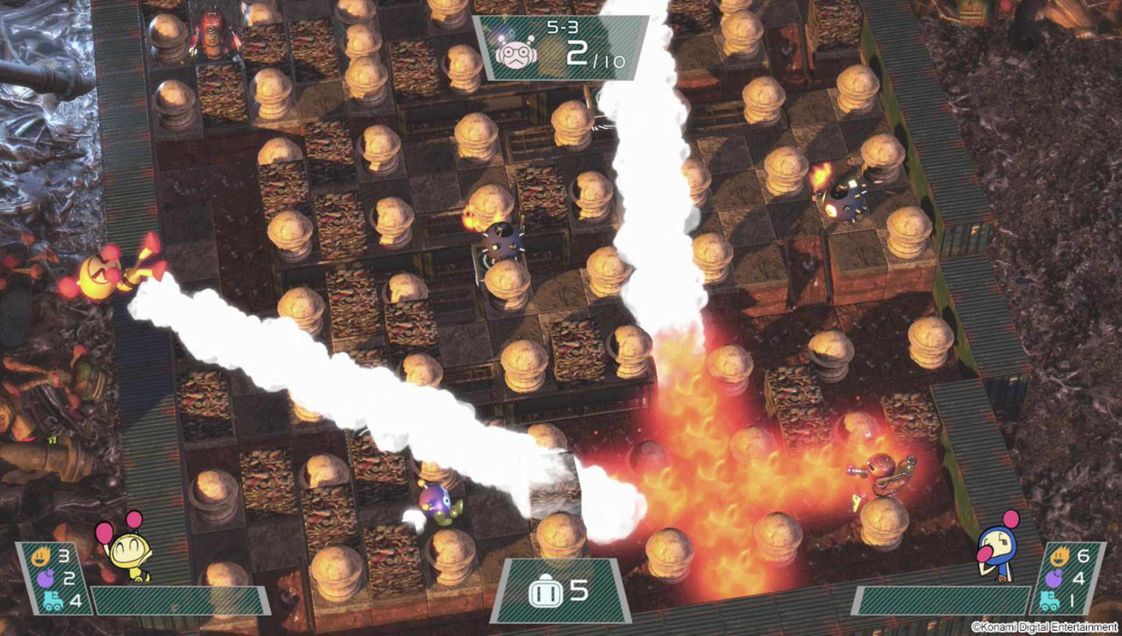 Ein Videospielbildschirm, der eine Kampfszene mit cartoonartigen Charakteren, Bomben und Explosionen zeigt.