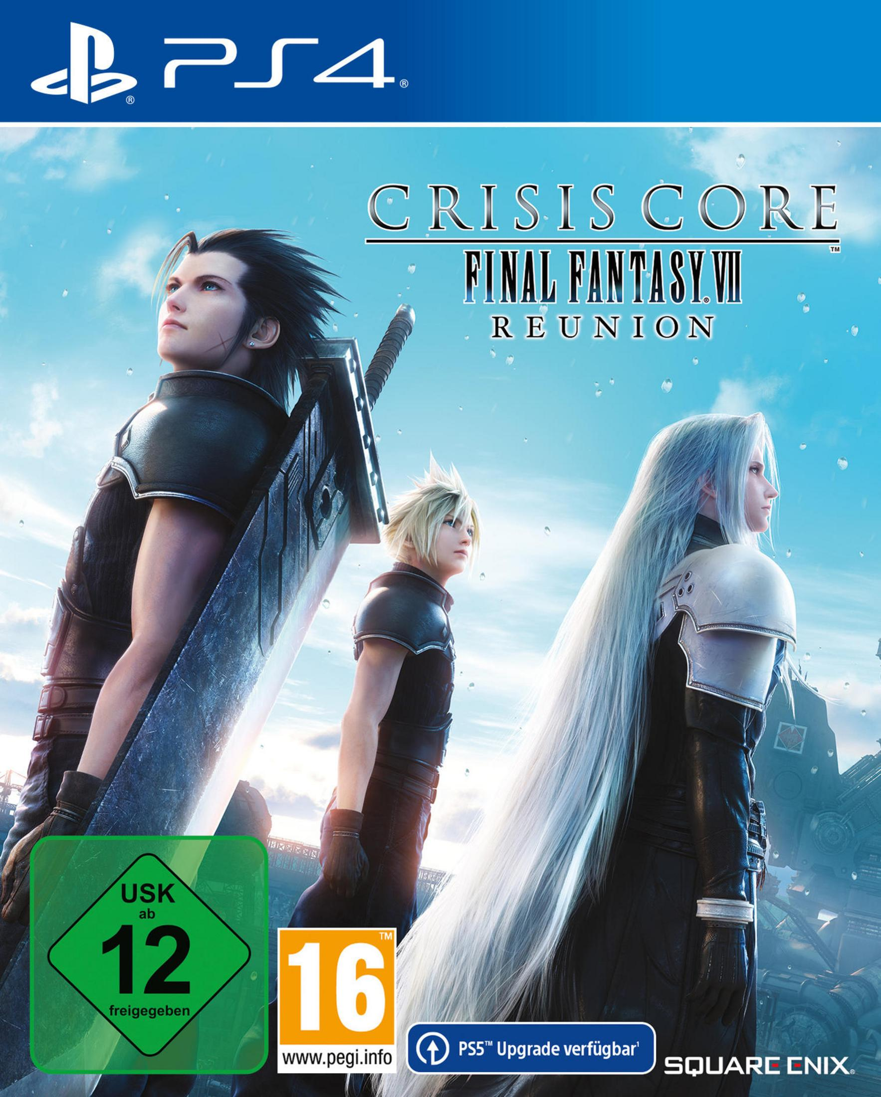 Spiel-Cover für Crisis Core: Final Fantasy VII, mit drei Charakteren mit Schwertern.