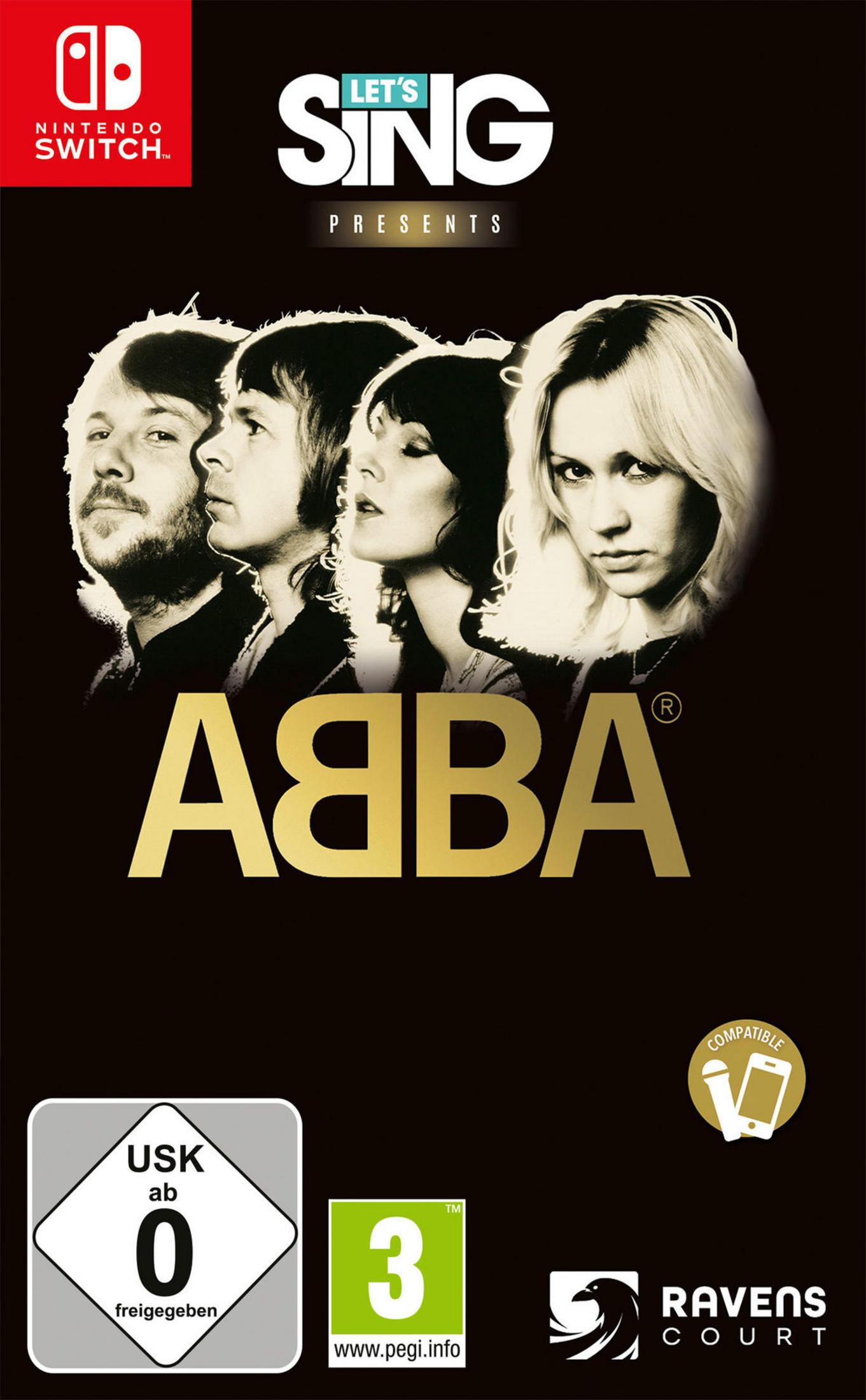 Copertina del gioco: Let's Sing Presents ABBA. Volti dei membri della band, titolo ABBA e logo su nero.