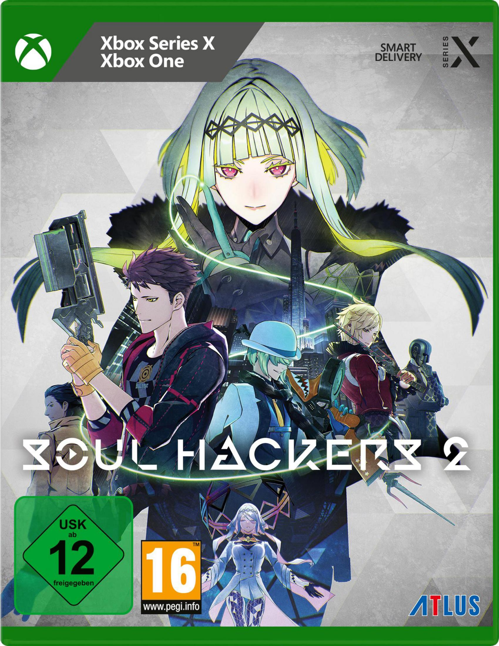 Scatola del gioco Soul Hackers 2, più personaggi e una donna.