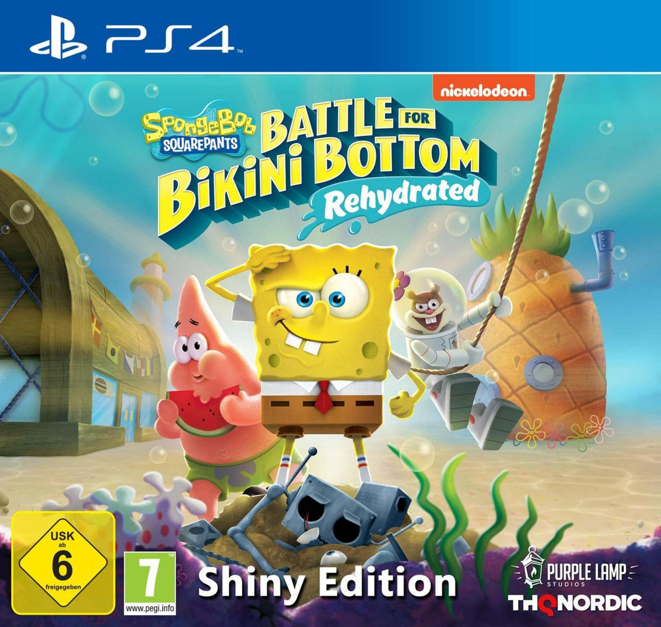Okładka gry: Postacie SpongeBoba Kanciastoportego. Logo PS4. Tytuł: Battle for Bikini Bottom Rehydrated.