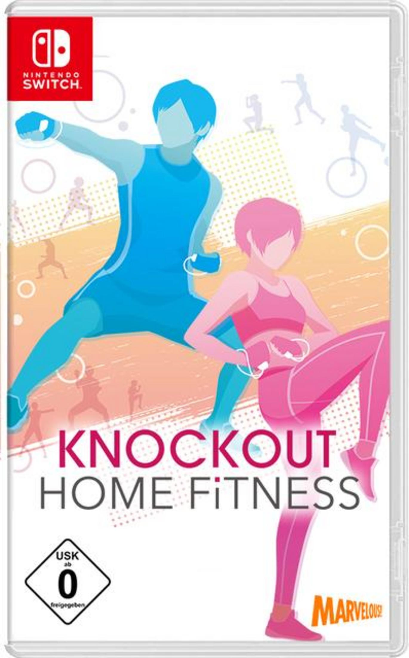 Knockout Home Fitness Spielbox. Zwei Figuren in Fitnesskleidung auf dem Cover, im Cartoon-Stil.