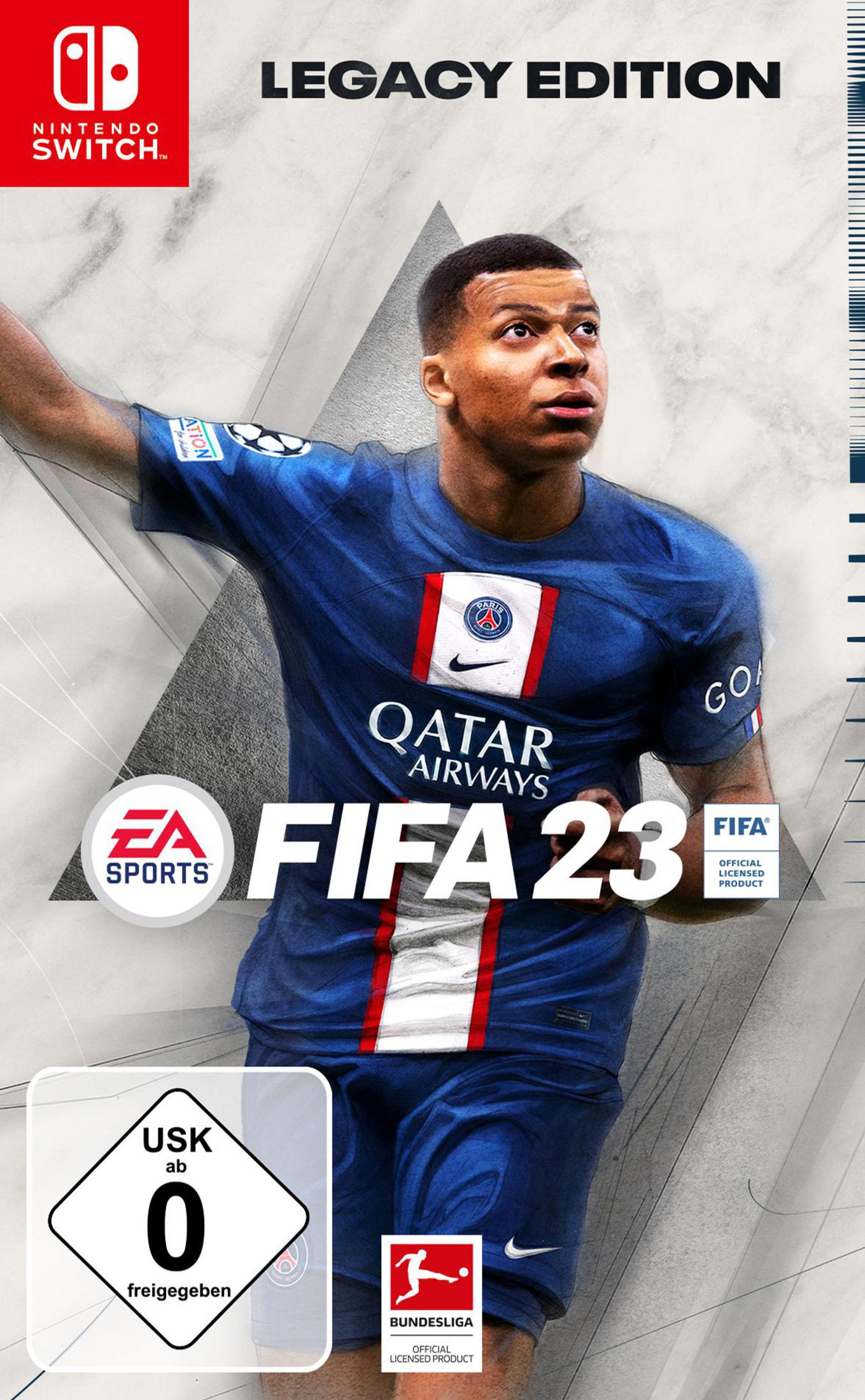 FIFA 23 Legacy Edition auf Nintendo Switch. Mit Kylian Mbappé. Das Cover hat eine USK 0-Bewertung.