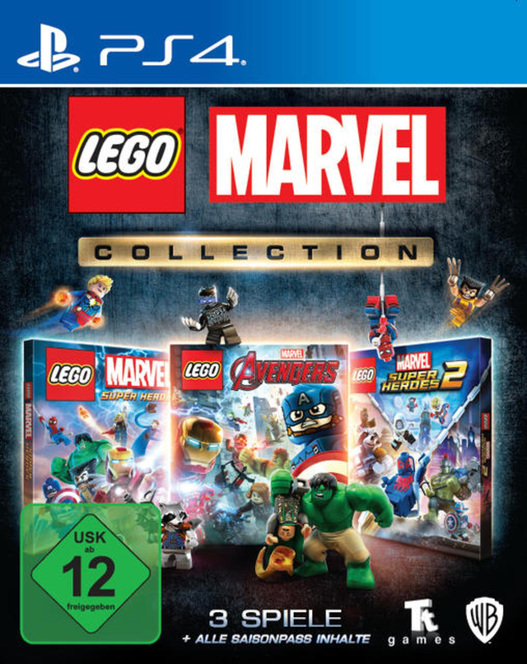 Grafika pudełka gry: LEGO Marvel Collection. Wiele postaci LEGO Marvel i okładek gier.