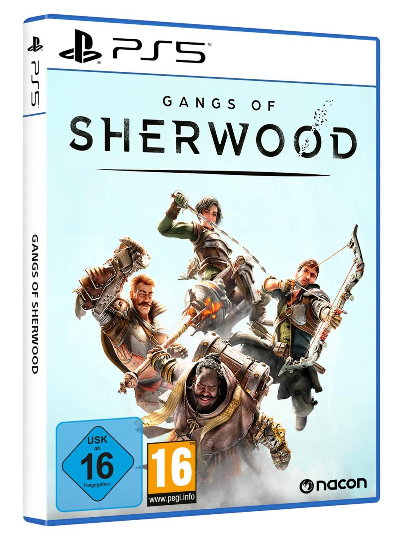 PS5-Spielbox. 'Gangs of Sherwood' Titel mit Action-Charakteren. USK 16 Bewertung.