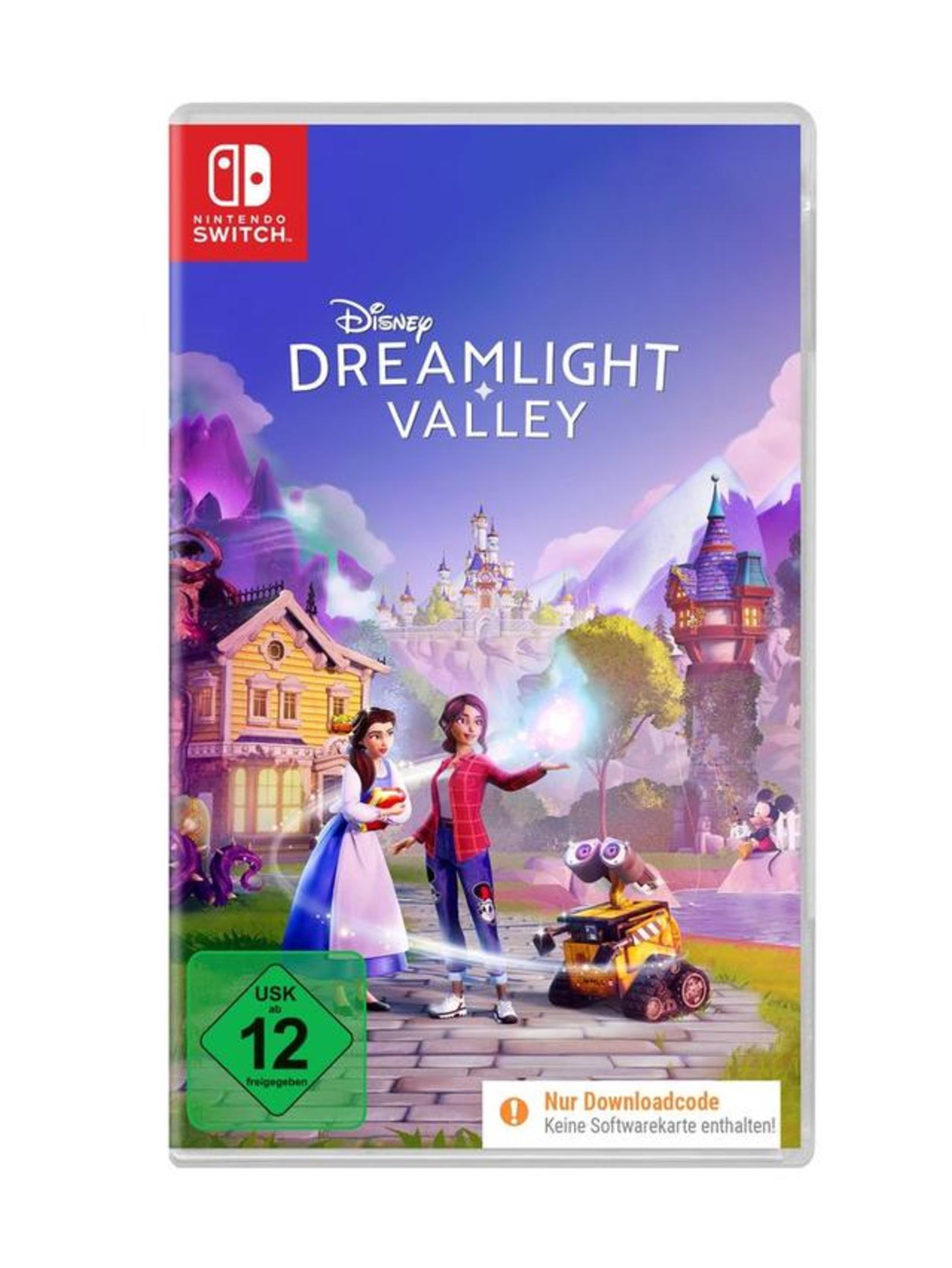 Copertina del gioco: Belle, una donna e Wall-E in una valle. Titolo: Disney Dreamlight Valley.