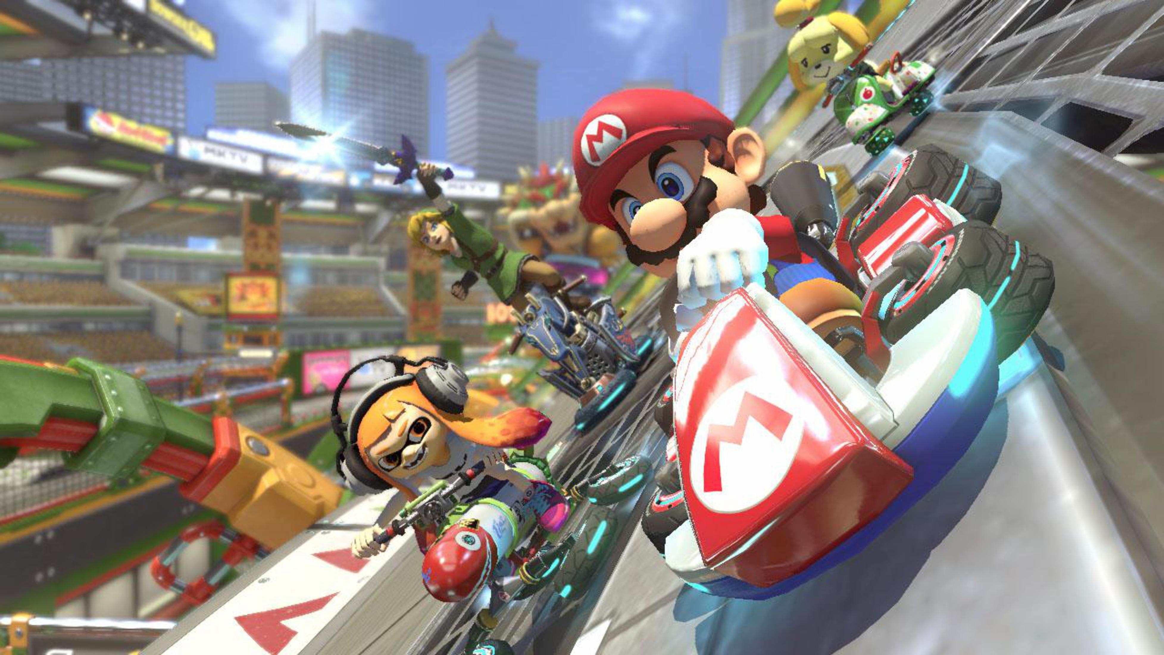 Mario Kart-game-scène. Mario, Link en andere personages racen in karts op een baan.
