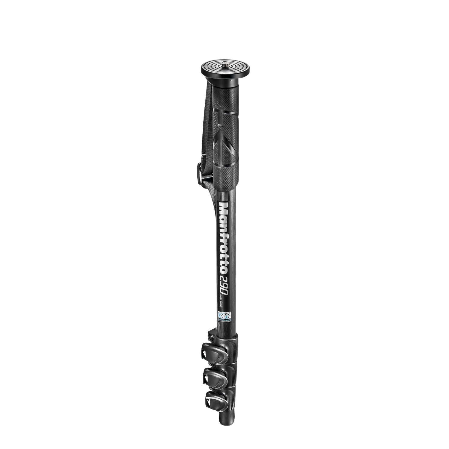 Ein schwarzes Manfrotto 290 Kameramonopod auf schwarzem Hintergrund, mit drei Beinverriegelungen.