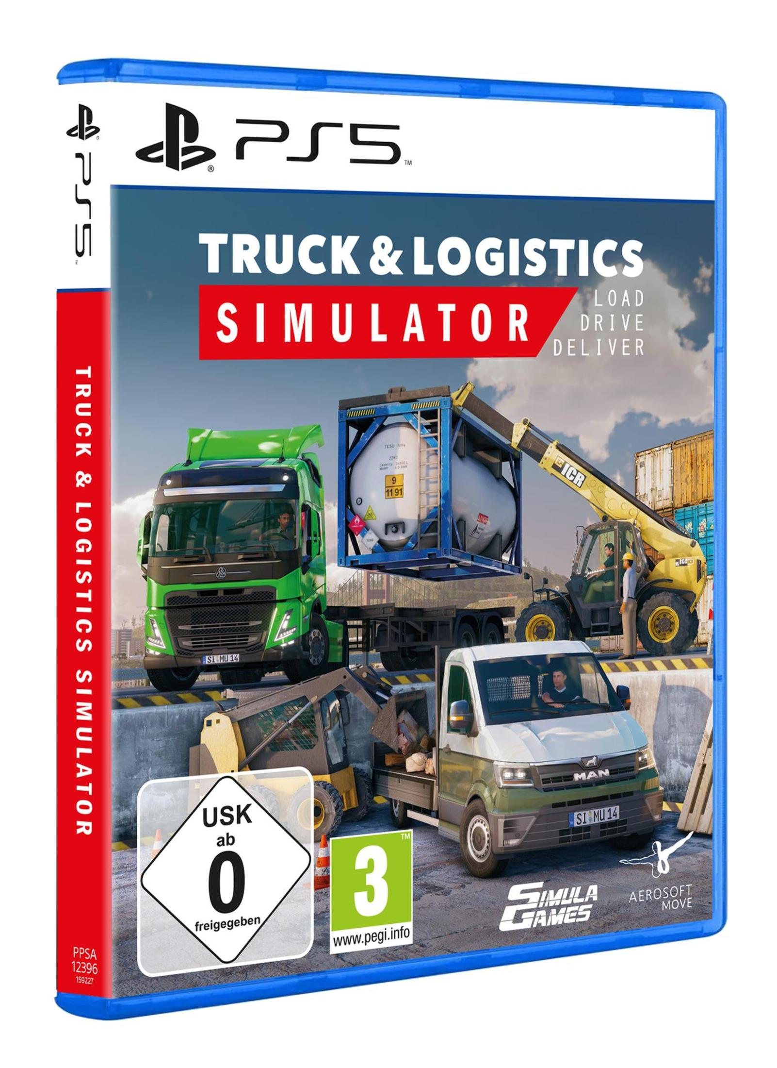 Truck & Logistics Simulator PS5-Spielbox mit LKWs und Fracht.