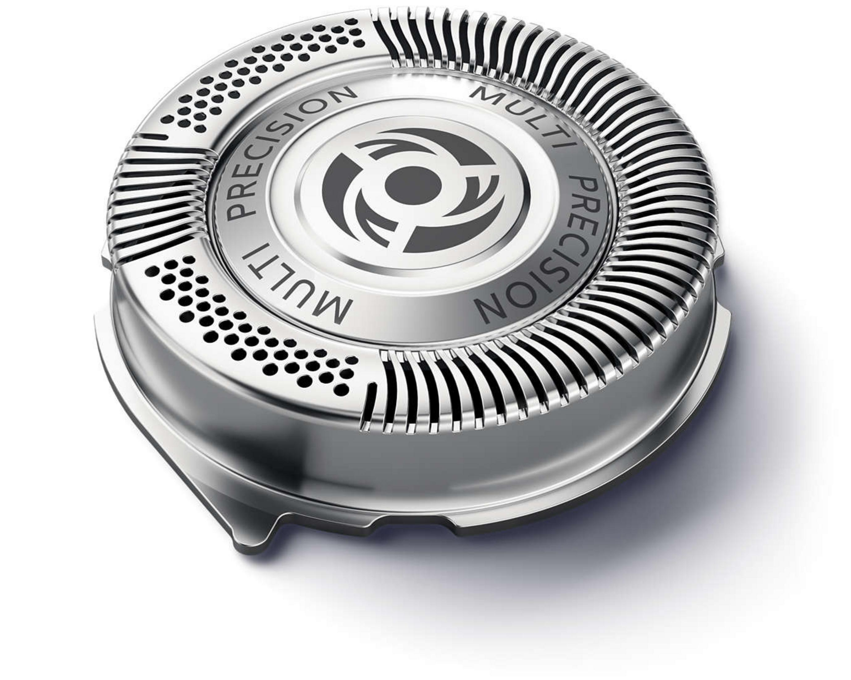 Cabezal de afeitadora Philips plateado, con texto multi precisión.