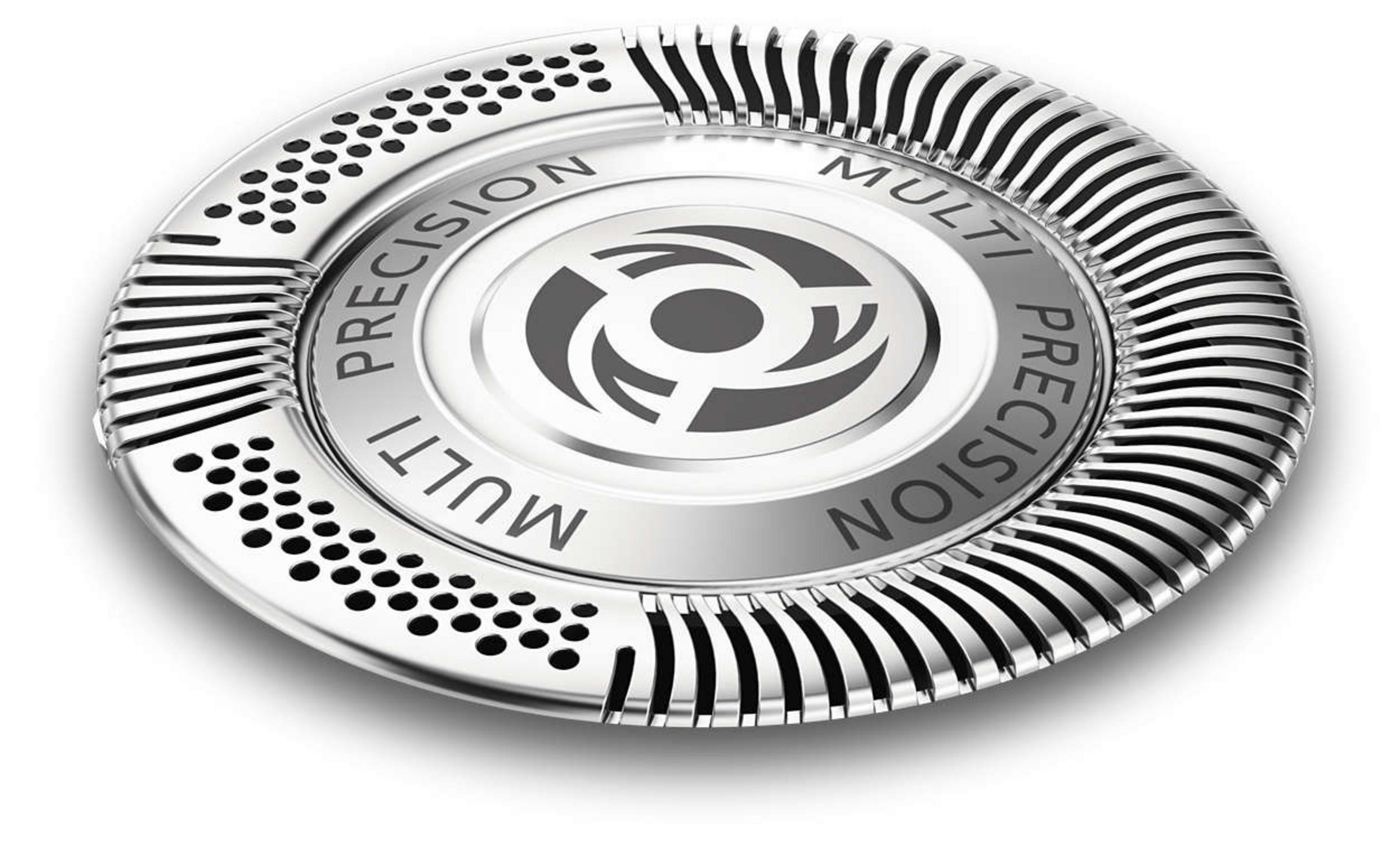 Un cabezal de afeitadora plateado, circular, con las palabras 'MULTI PRECISION' y un diseño central.