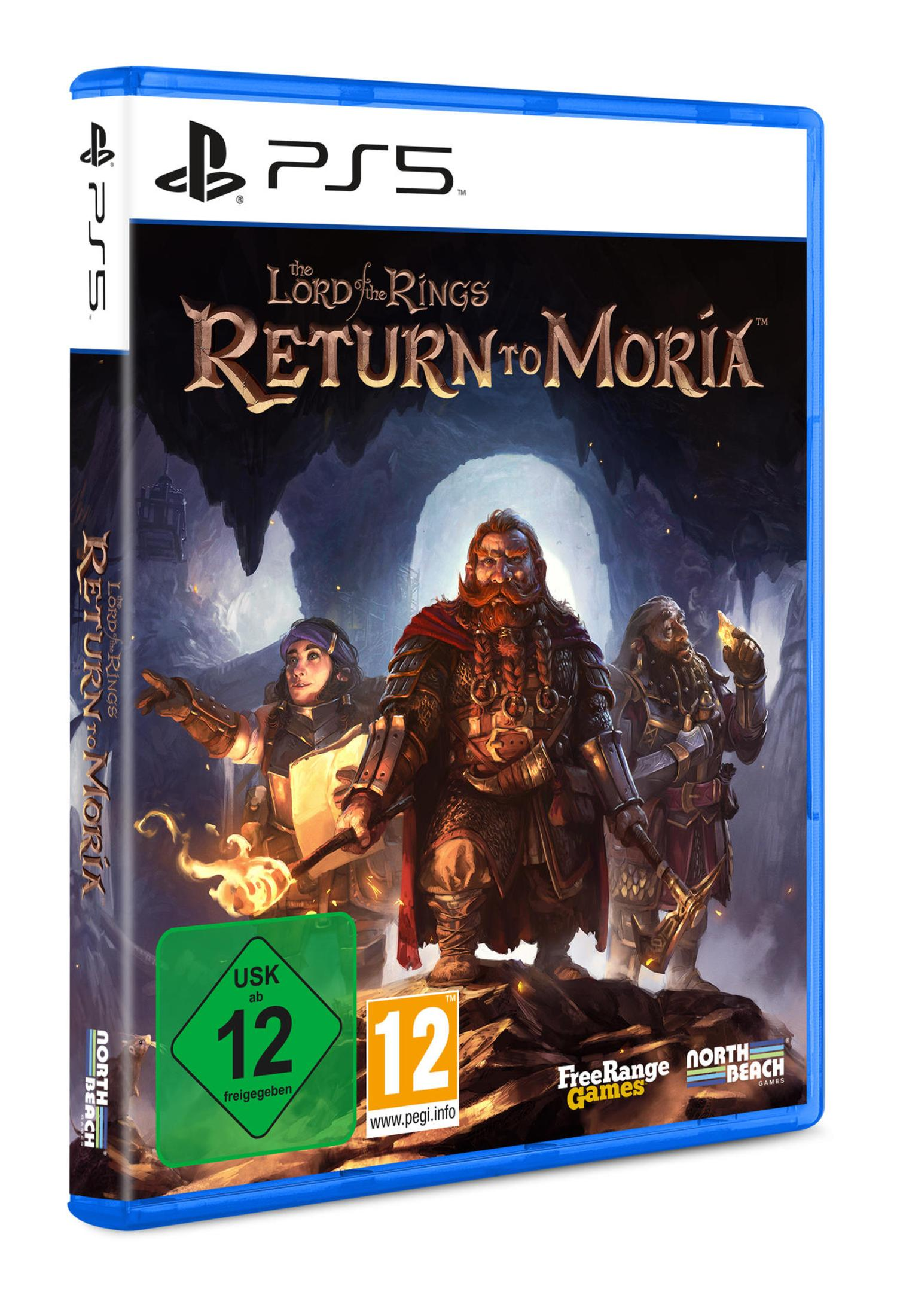 Spielbox für 'Der Herr der Ringe: Rückkehr nach Moria' auf PS5, mit Charakteren.