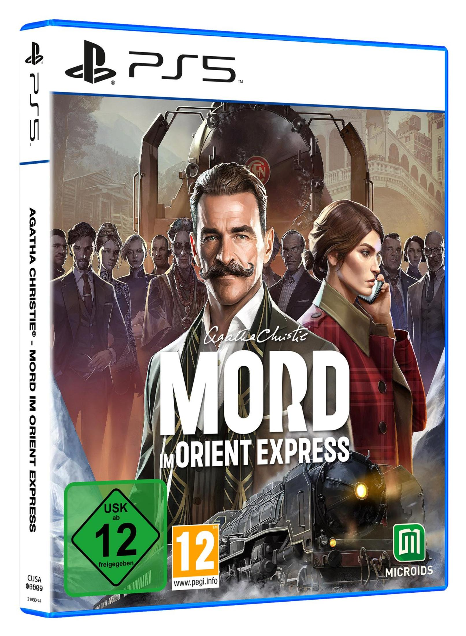 Eine PS5-Spielverpackung für Agatha Christies Mord im Orient-Express, mit einem Zug und Personen.