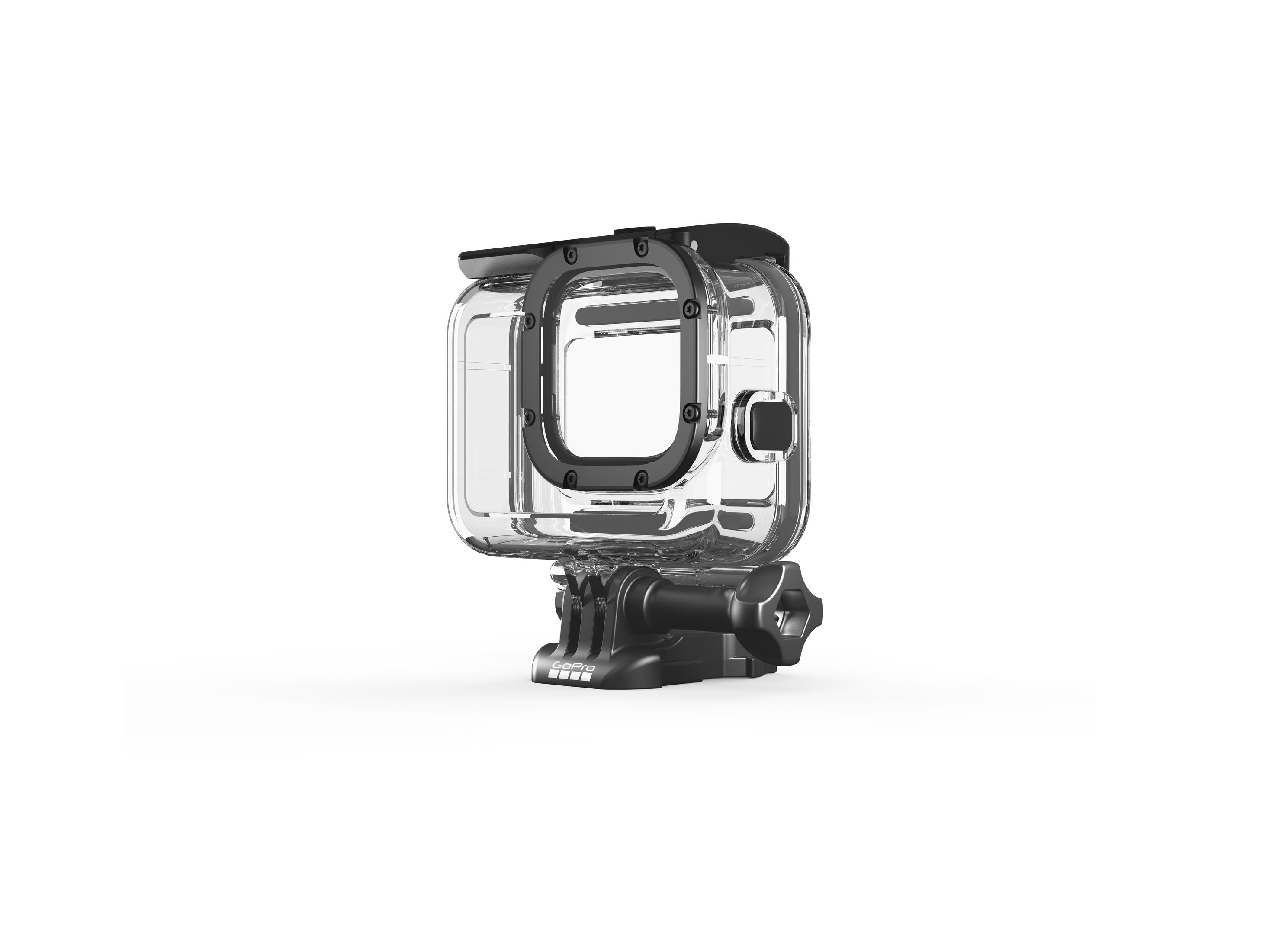 Carcasa protectora GoPro transparente con detalles negros y soporte negro. Sobre fondo blanco.