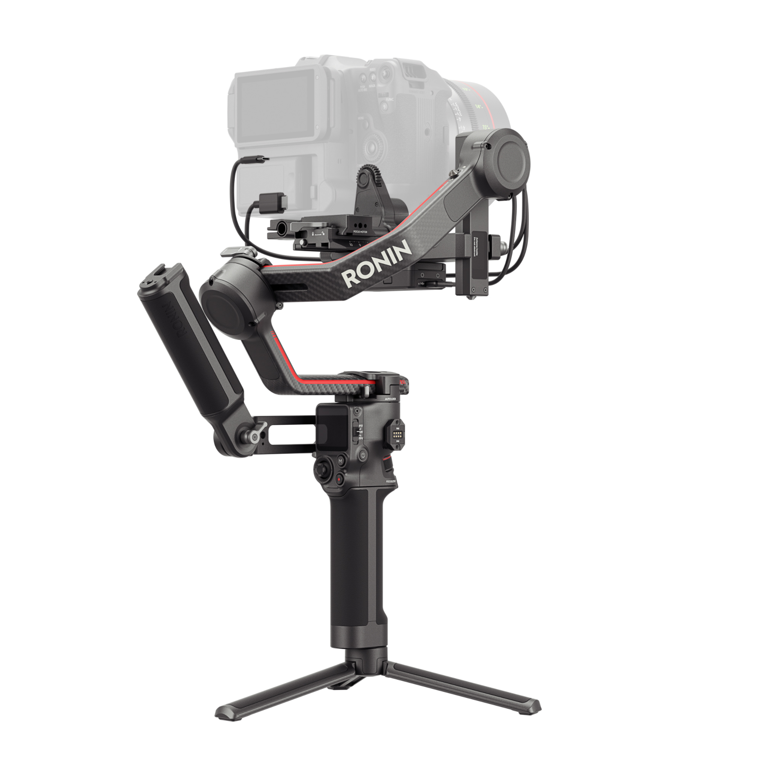 DJI Ronin Gimbal-Stabilisator mit angebrachter Kamera. Schwarzes und rotes Design. Weißer Hintergrund.