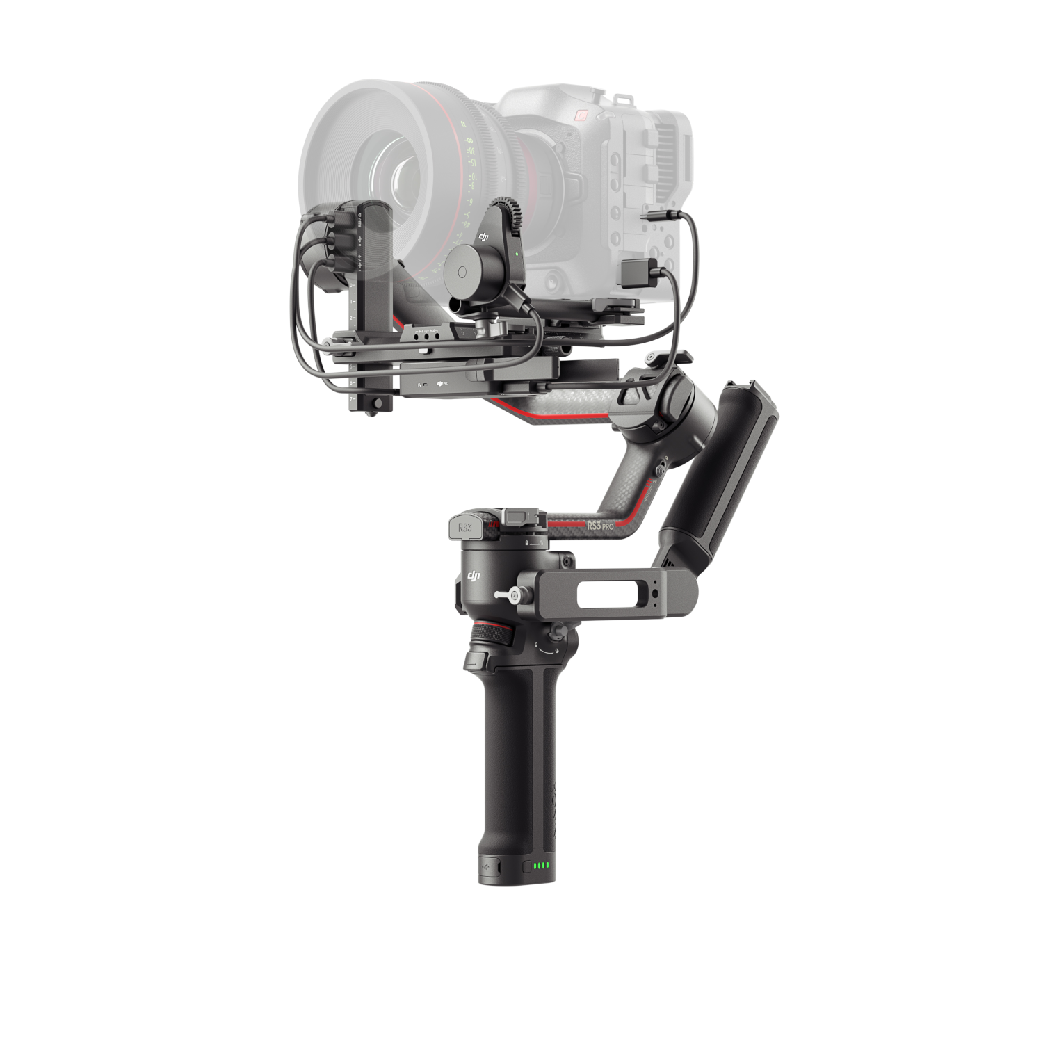 DJI RS 3 Pro Gimbal mit montierter Kamera, vor weißem Hintergrund.