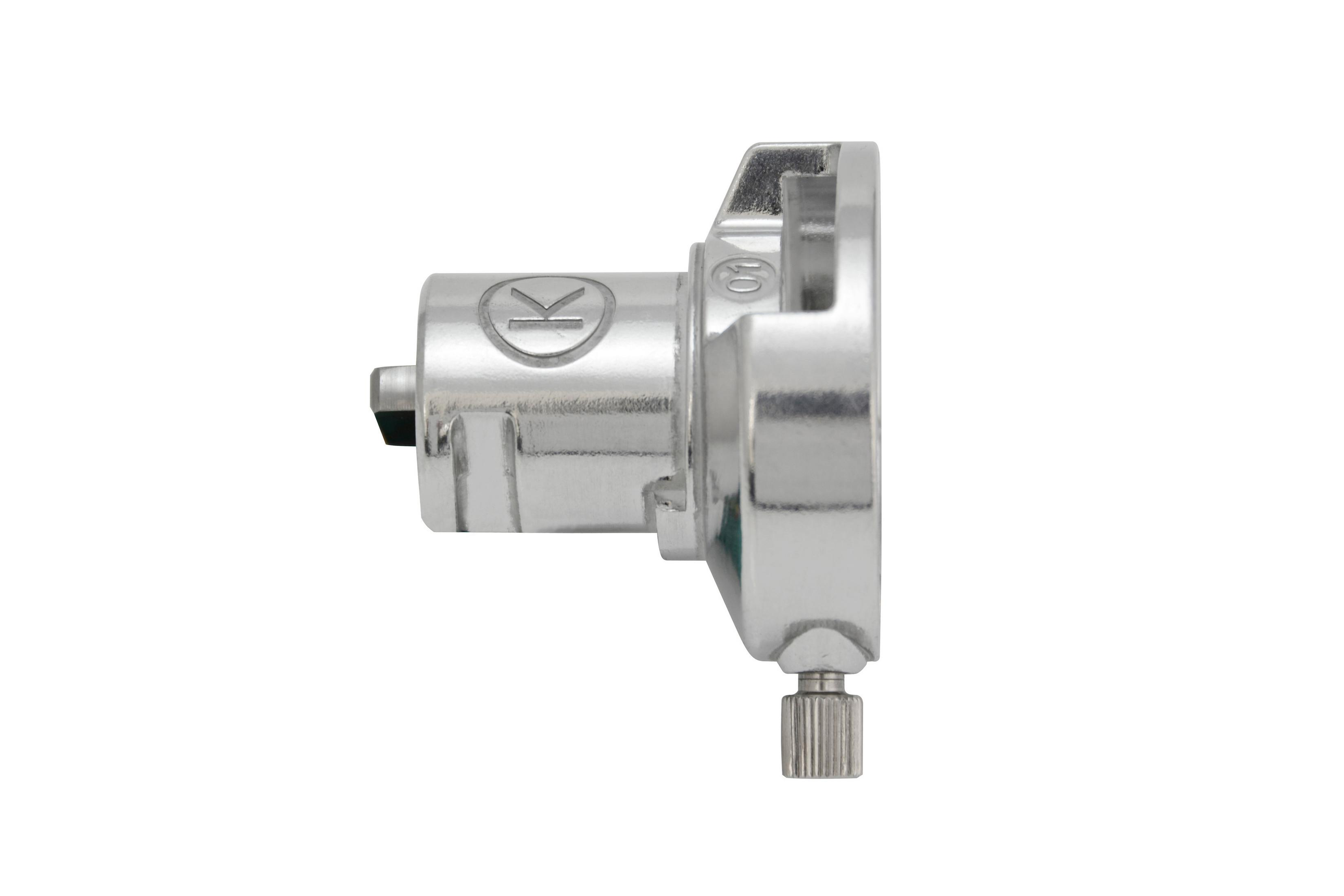 Srebrna metalowa część z okrągłym końcem i śrubą.