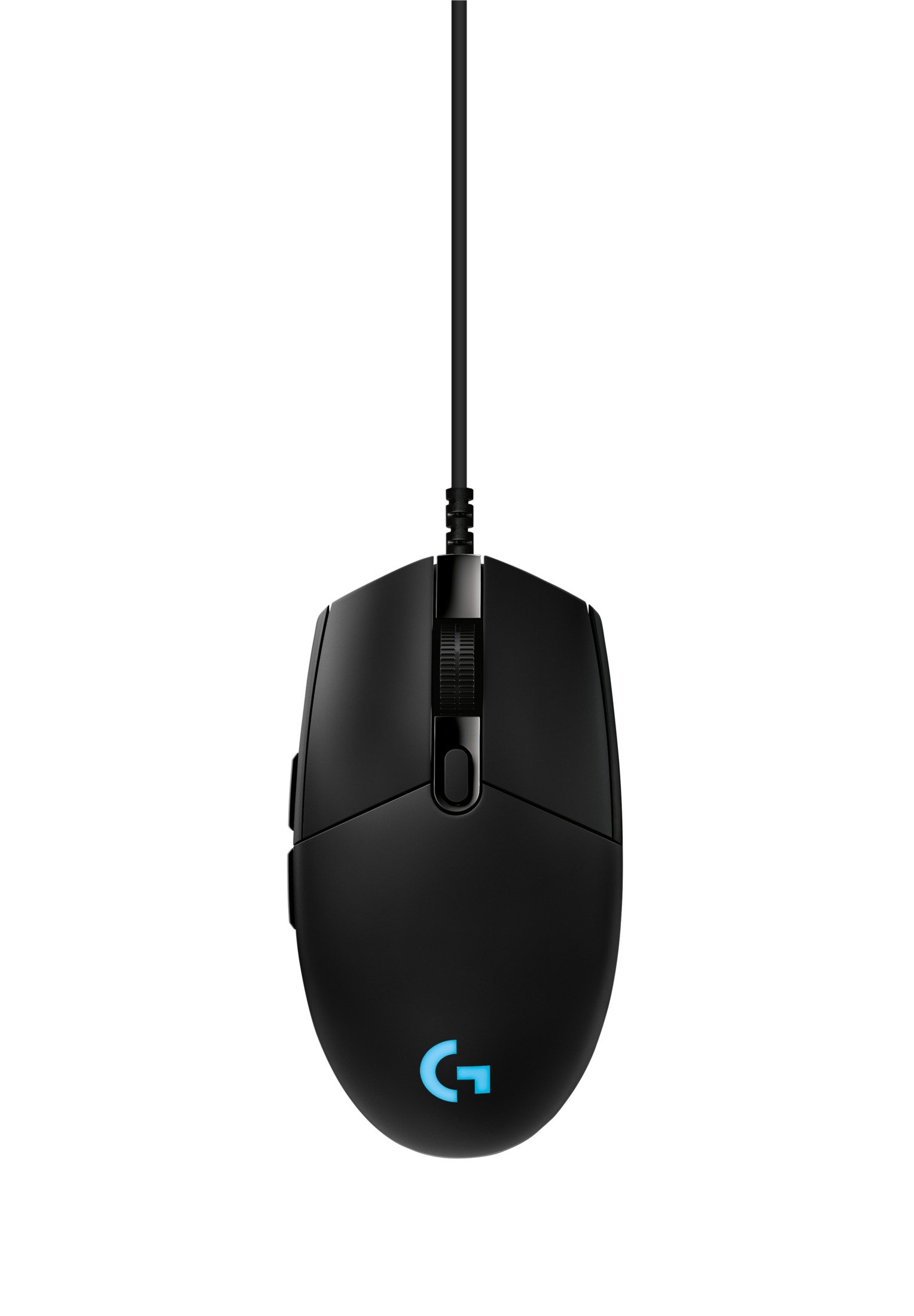 Mouse per computer nero con rotella e logo 'G' blu brillante, su sfondo bianco.