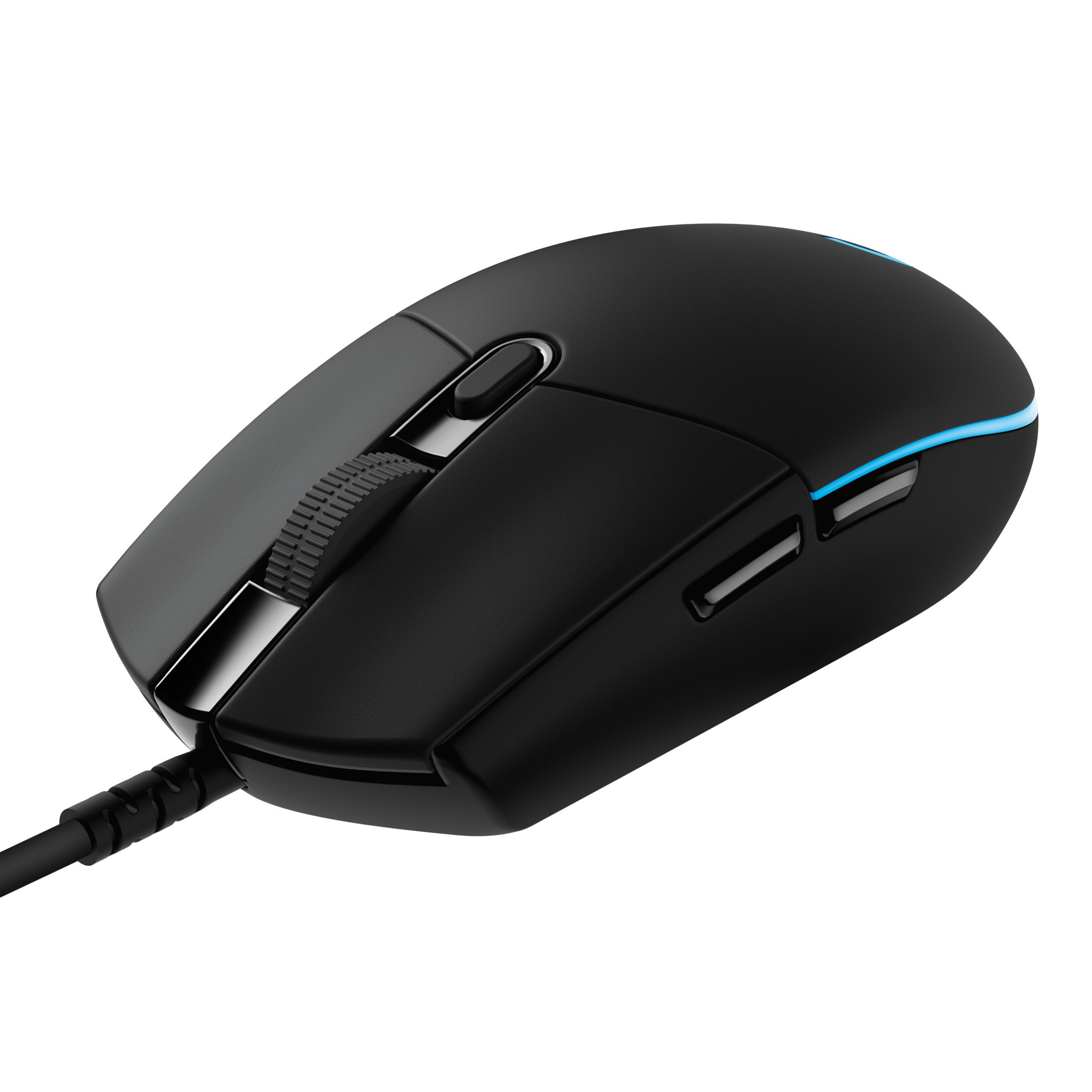 Mouse da gaming nero con rotella e accenti di luce blu. Ha un cavo.