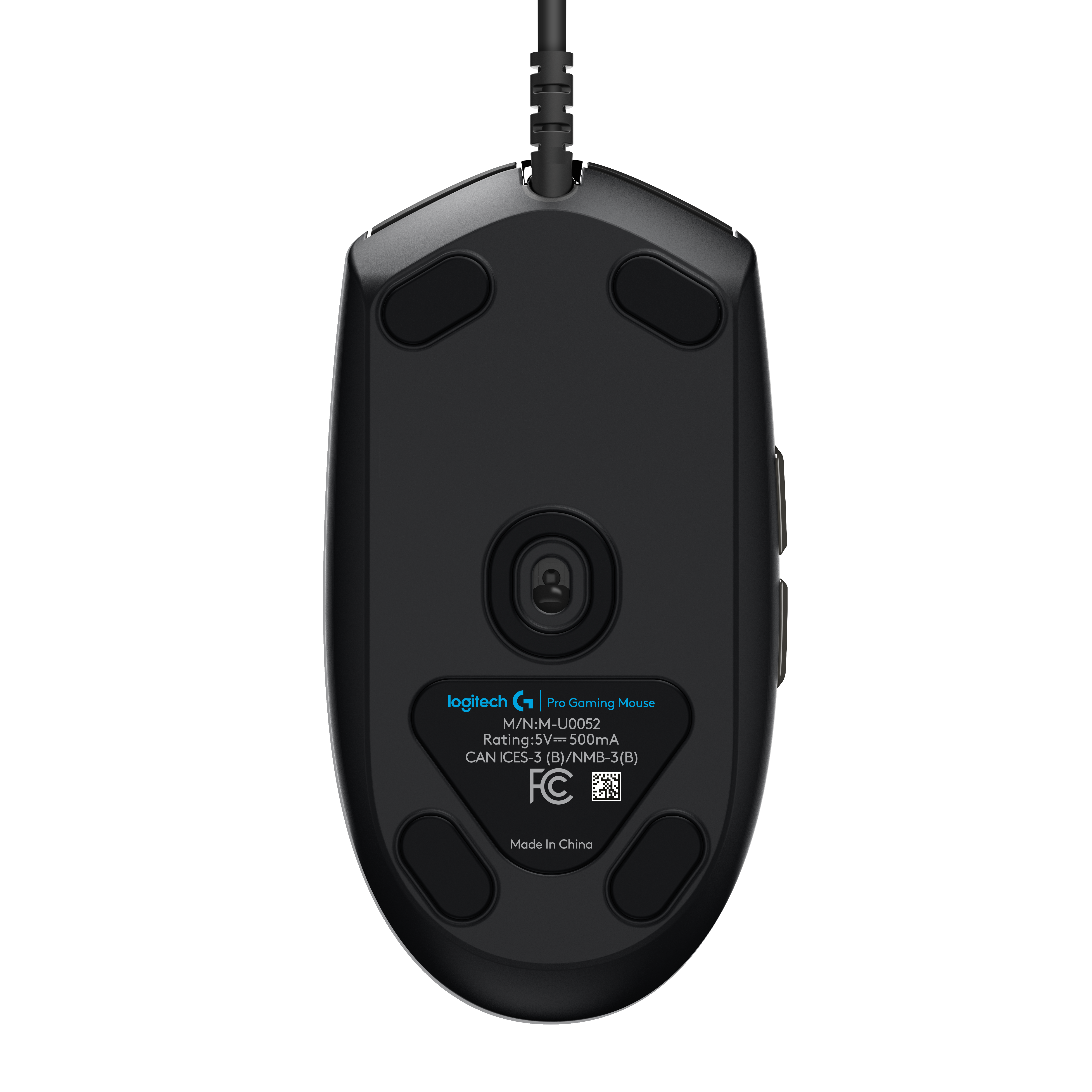 Vista inferiore di un mouse da gaming nero con etichette. Mostra il marchio Logitech e i dettagli del modello.