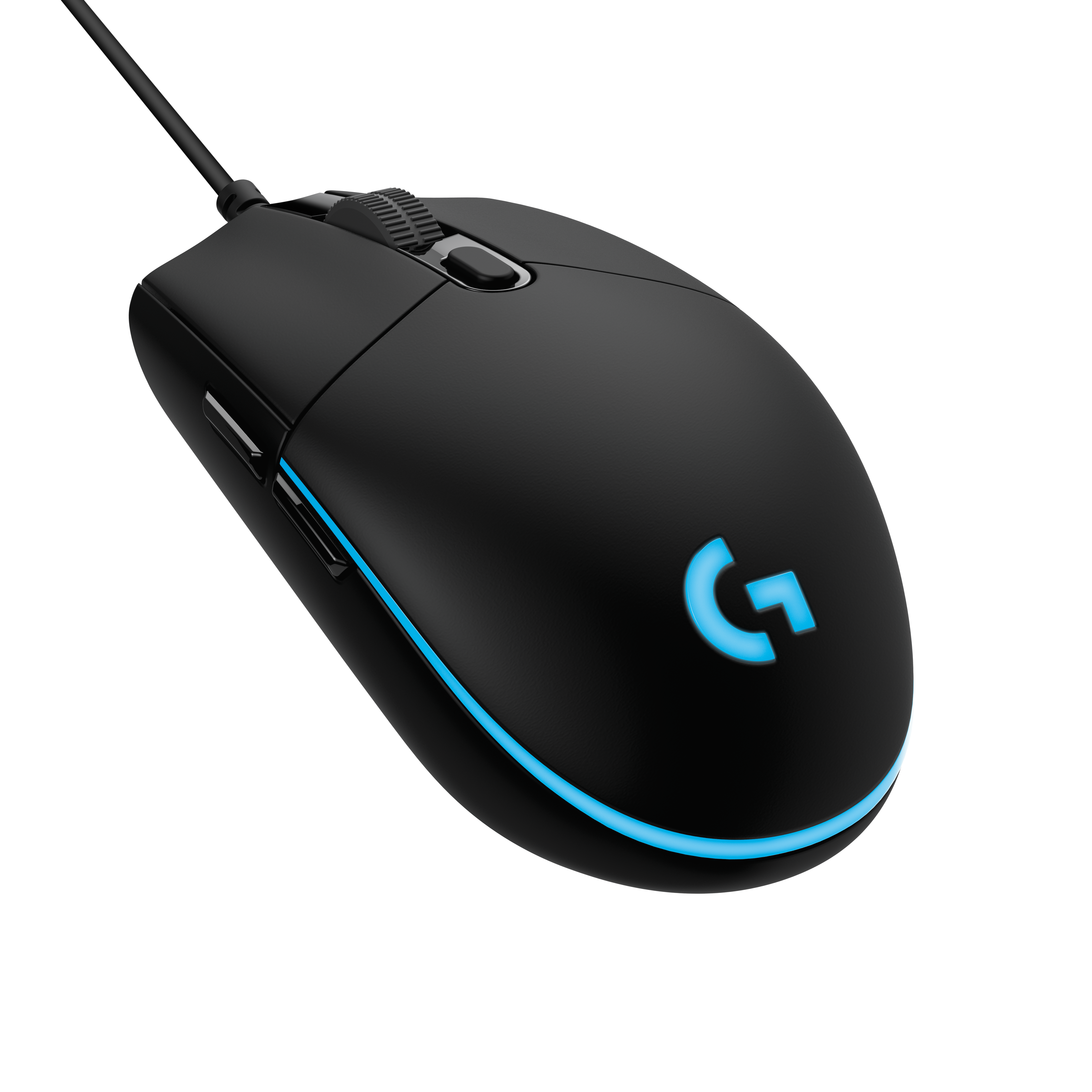 Mouse da gaming nero con illuminazione blu. Dispone di rotella e pulsanti laterali su sfondo nero.