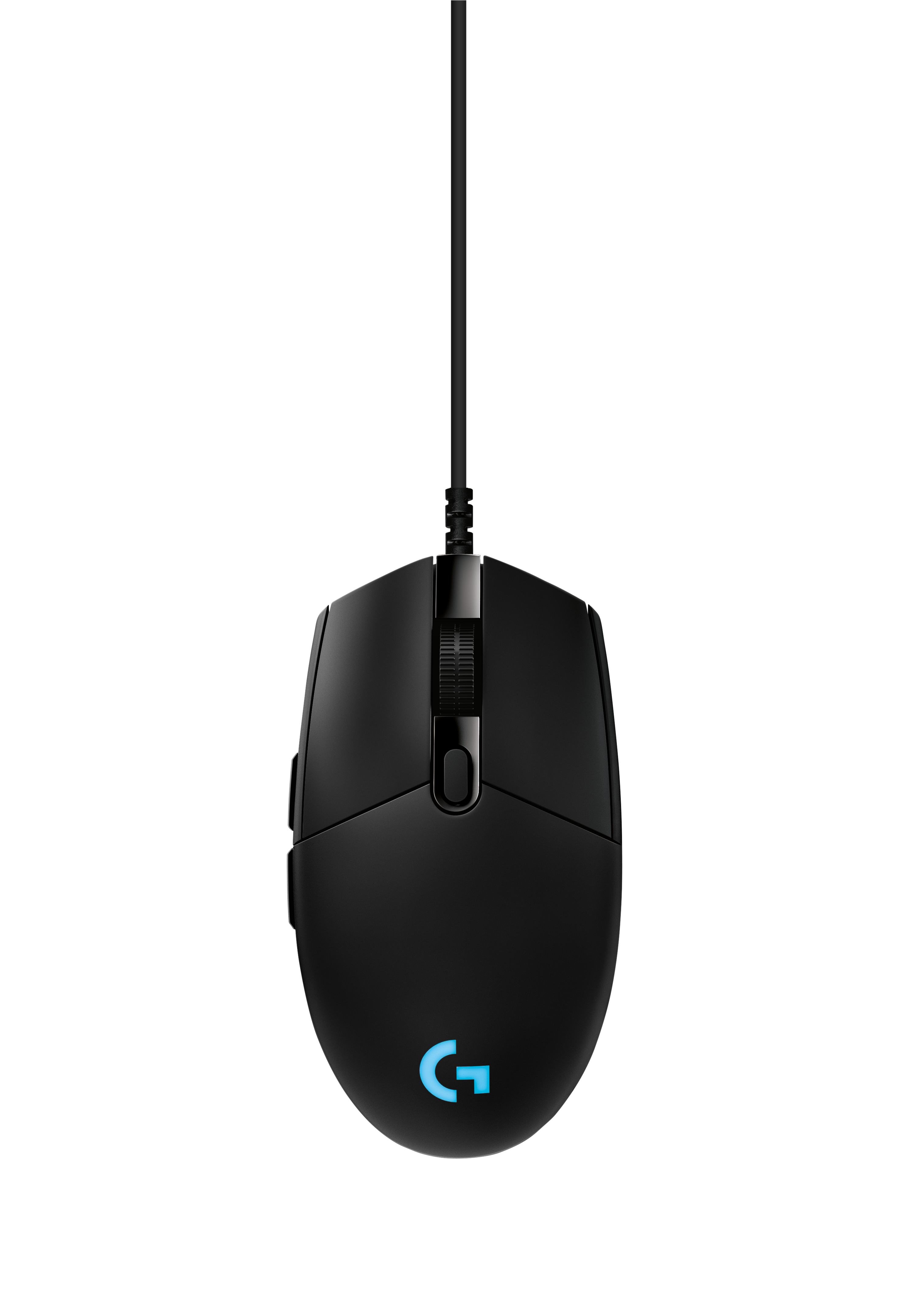 Mouse per computer nero con cavo, su sfondo nero.