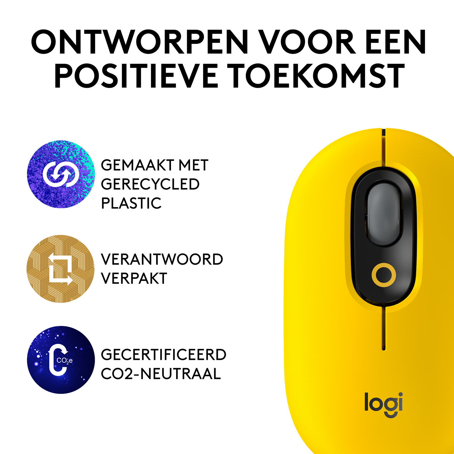 Żółta mysz Logitech obok ikon dotyczących plastiku z recyklingu, odpowiedzialnego pakowania i neutralności CO2.