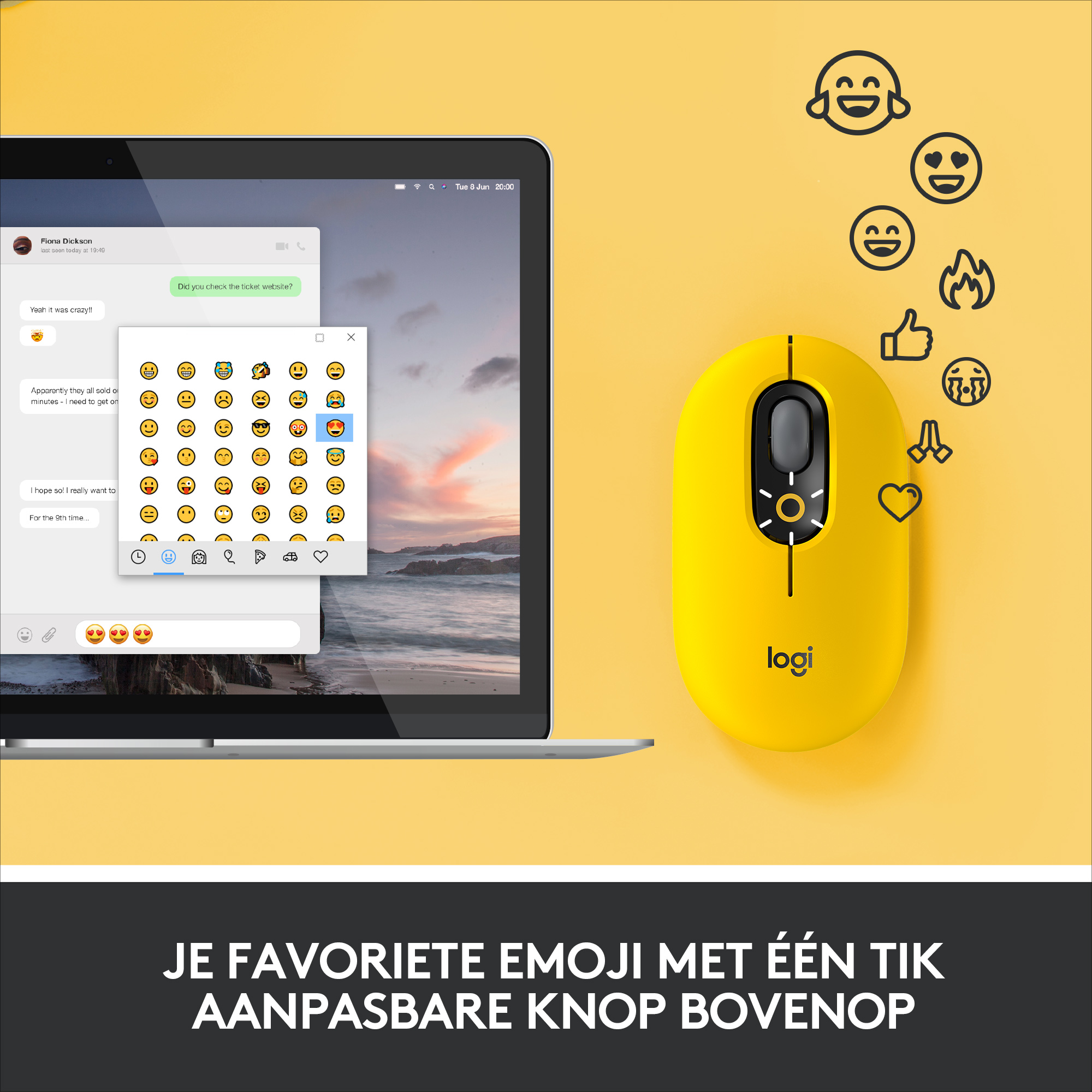 Żółta mysz Logitech z interfejsem emoji na ekranie laptopa.