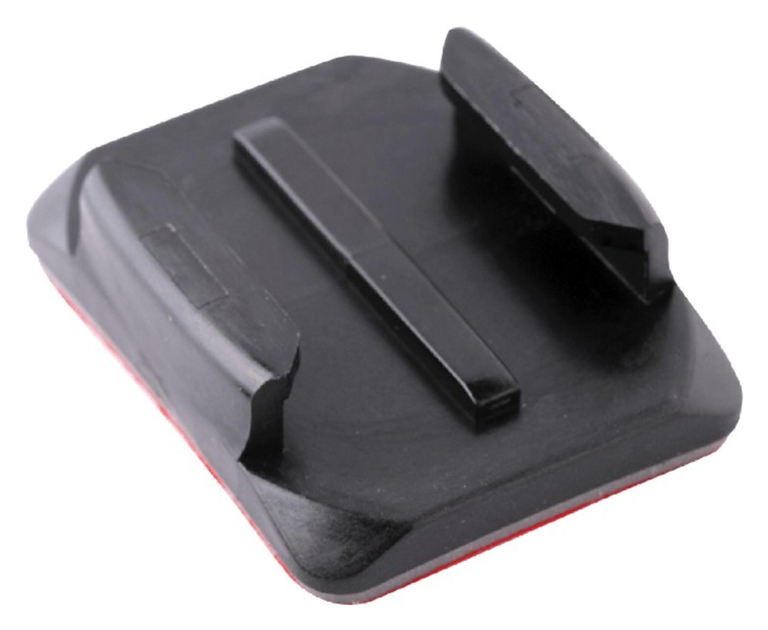 Supporto GoPro nero. Quadrato con tre sezioni sporgenti. Adesivo rosso visibile.