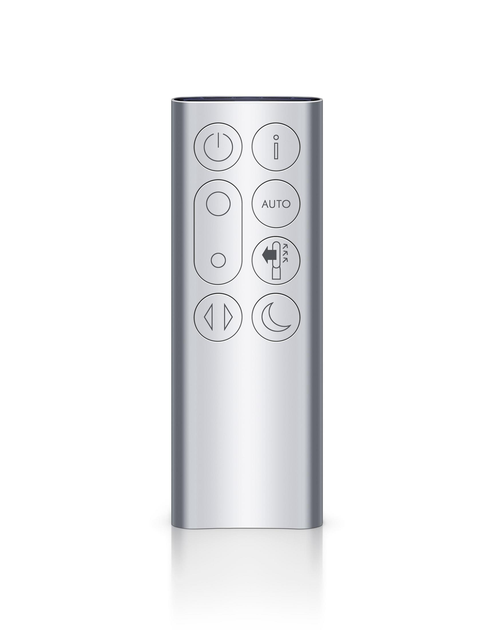 Telecomando Dyson argentato con più pulsanti, sfondo bianco, design semplice.