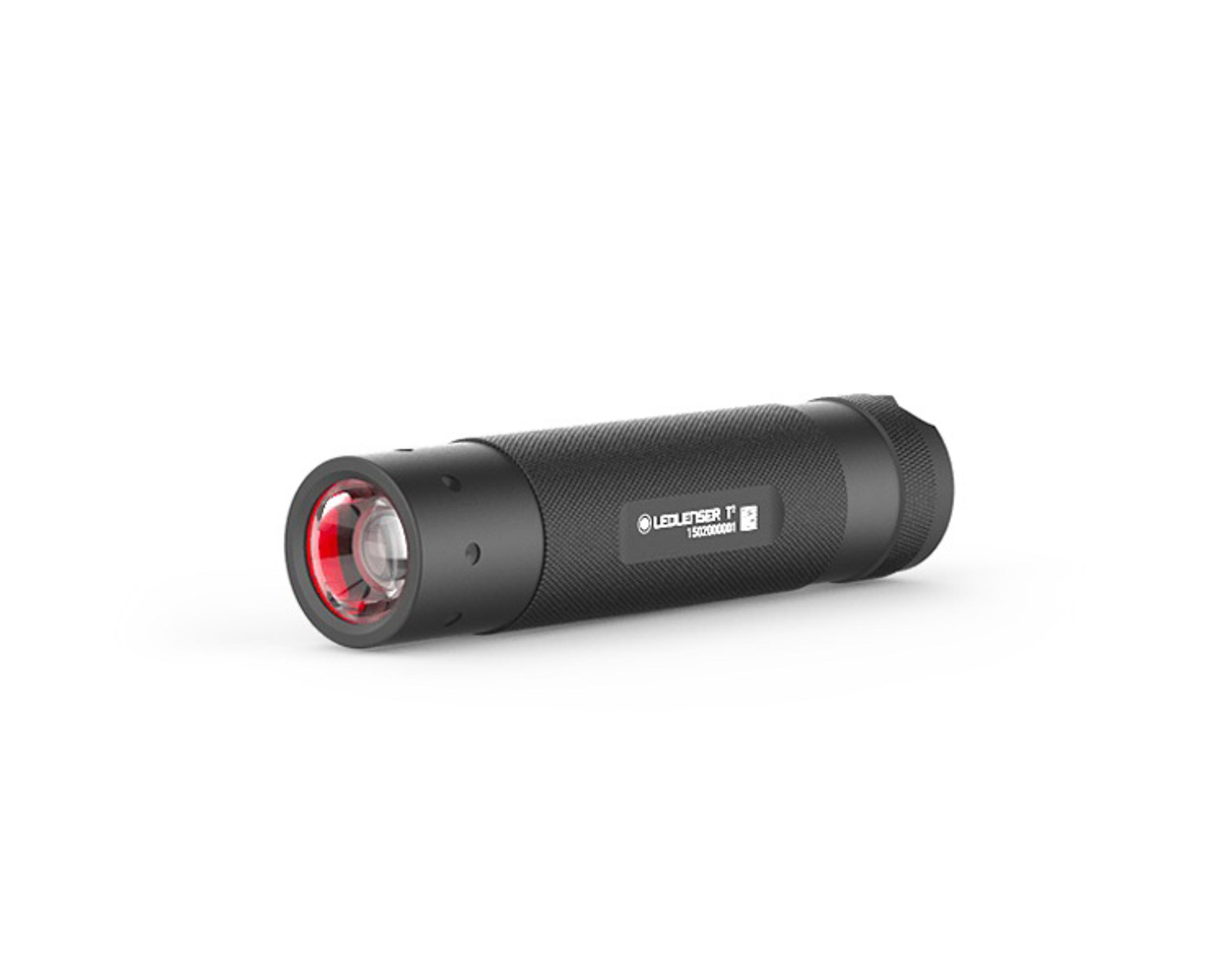 Linterna LED Lenser negra con lente roja iluminada.