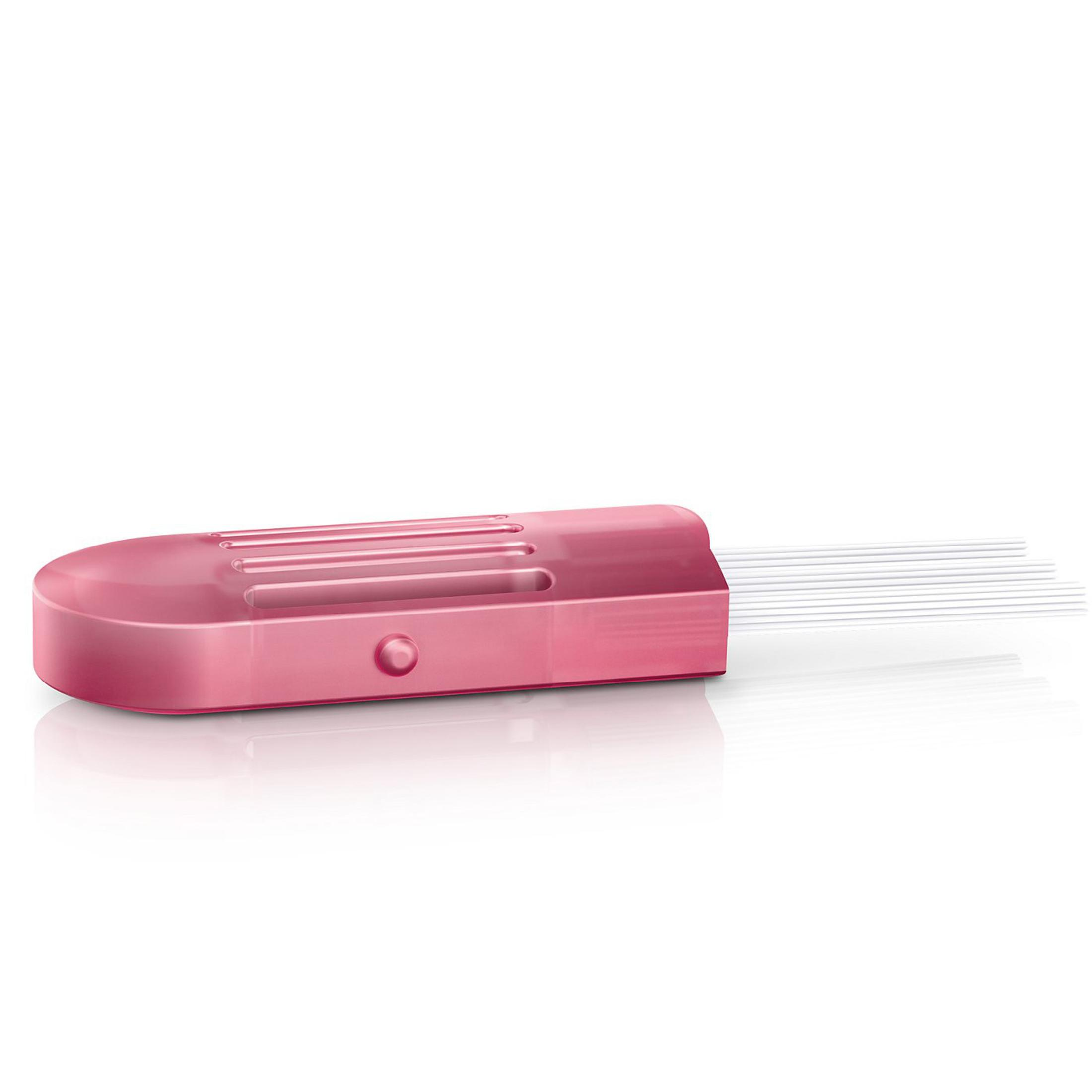 Dispensador de hilo dental rosa. Hilos de seda dental blancos. Fondo blanco.