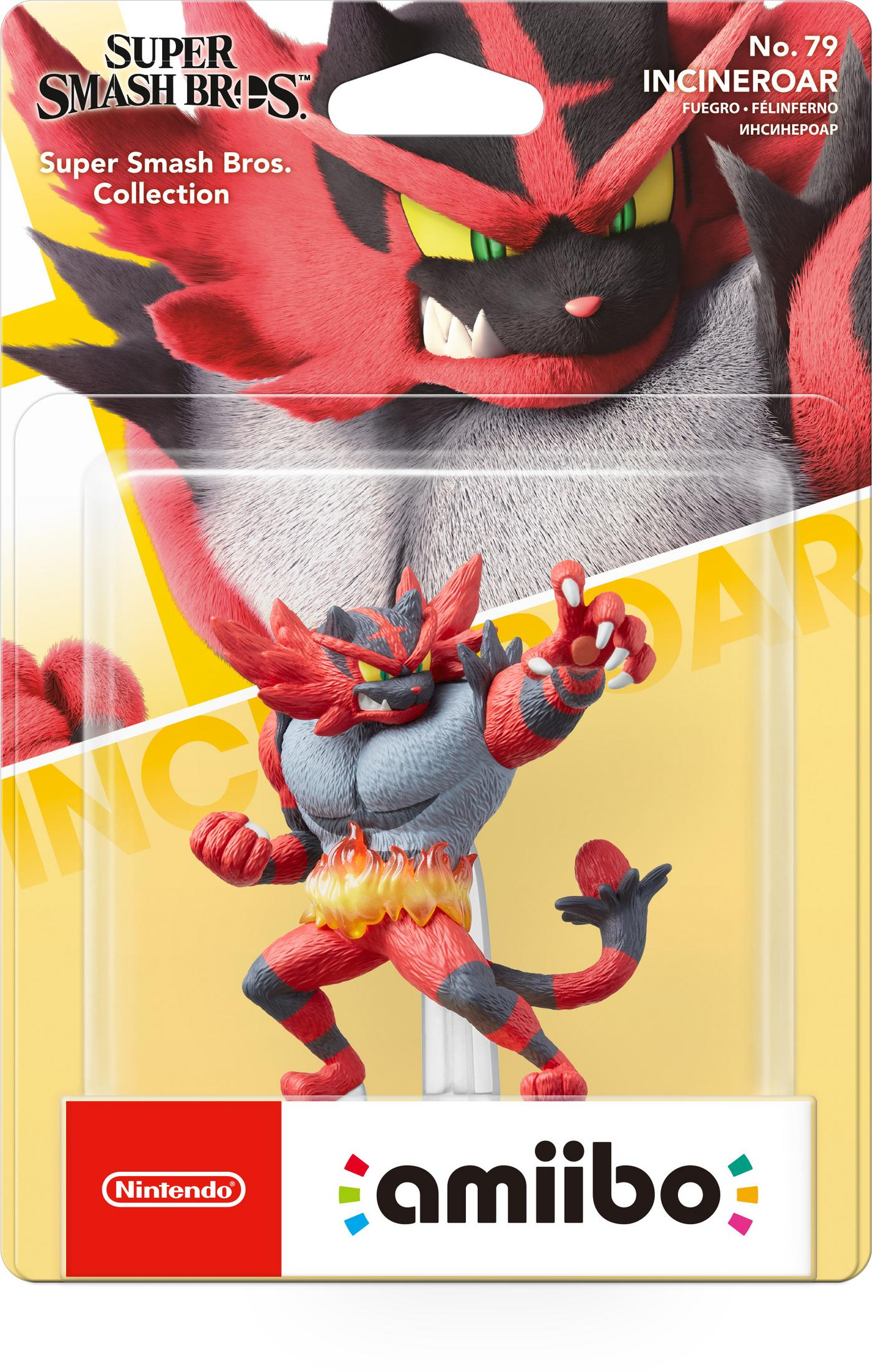 Una figura amiibo de Incineroar en su embalaje. La figura es roja, gris y negra.