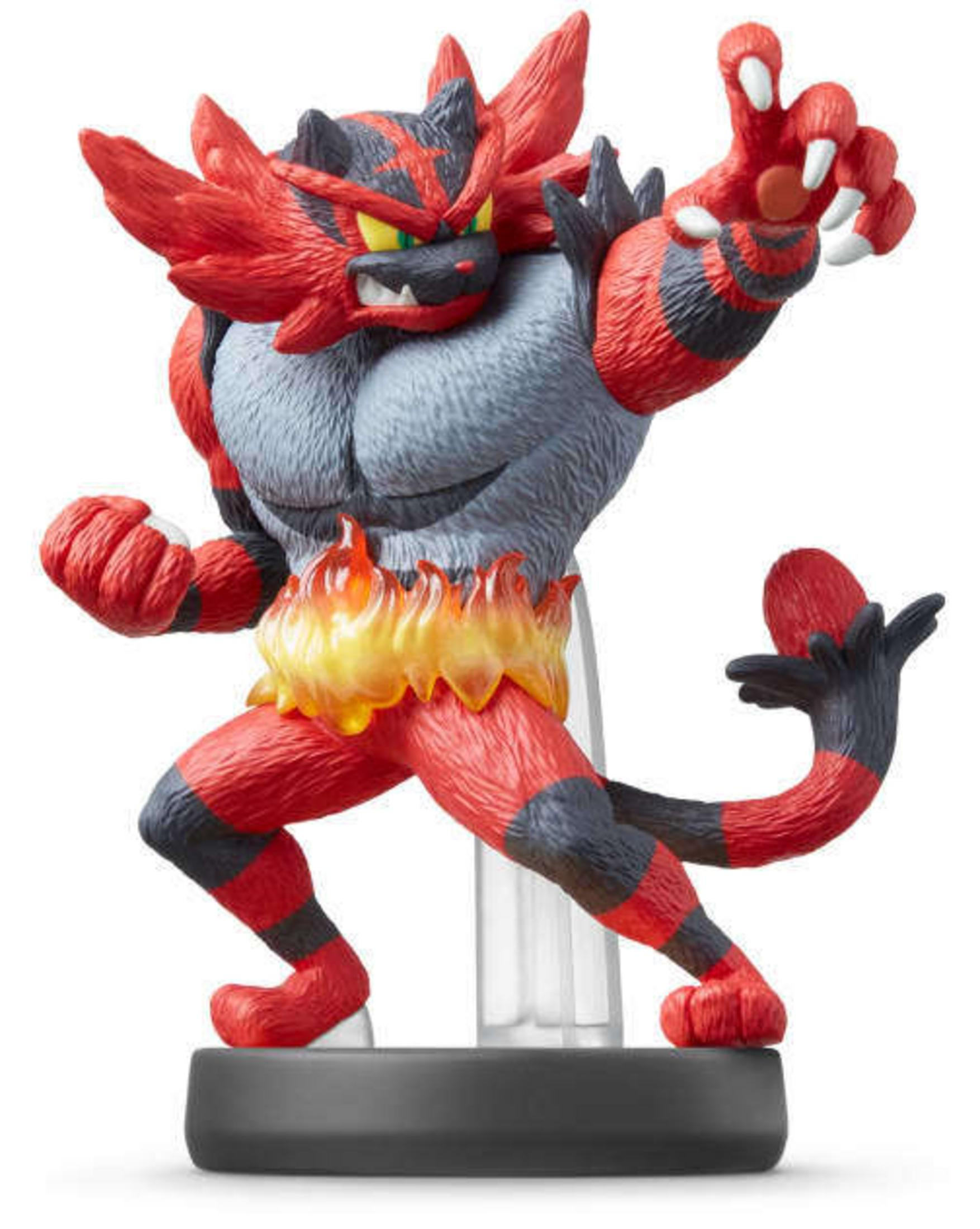 Figura de Incineroar en pose de lucha, con colores vibrantes, sobre un soporte.