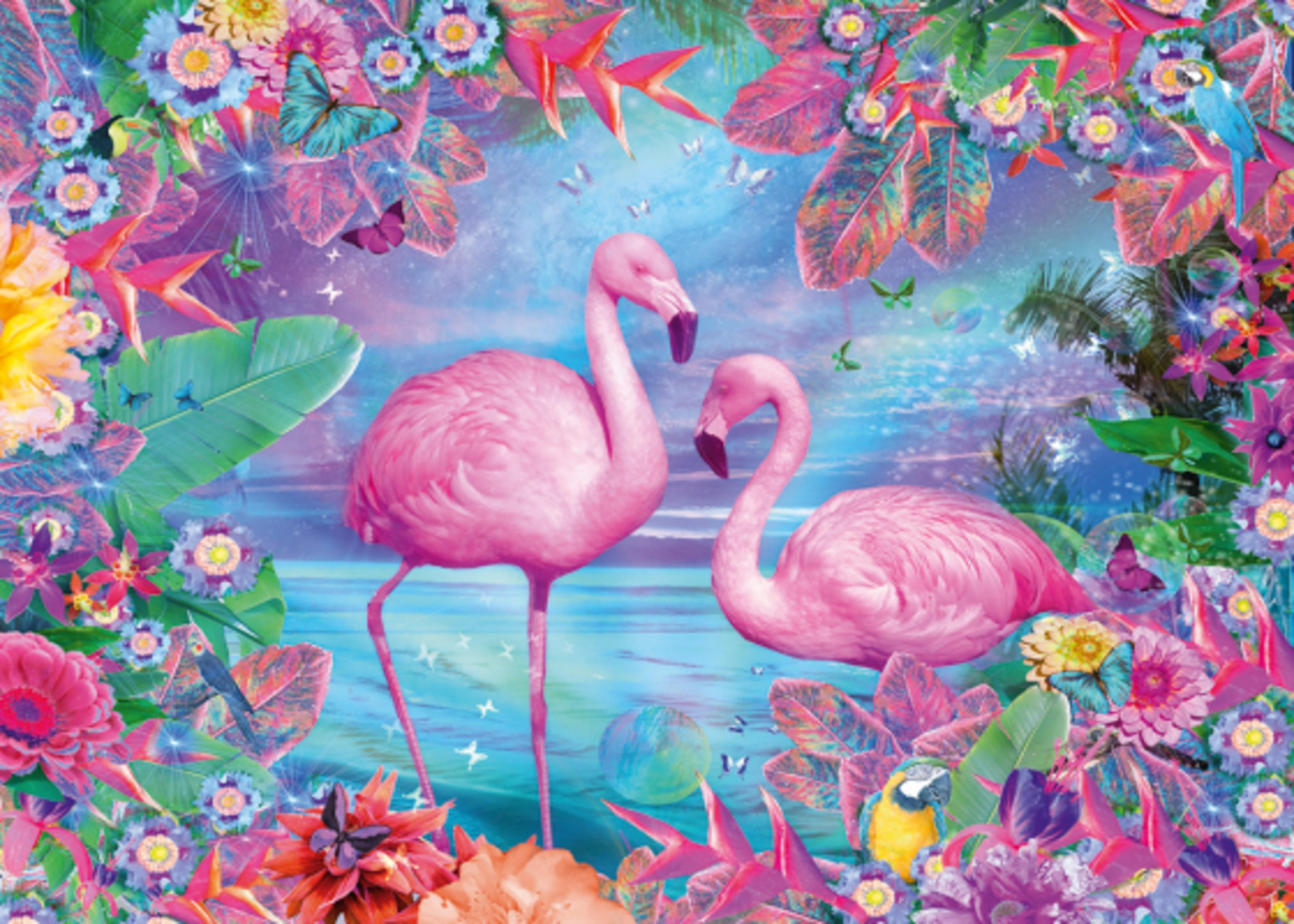 Un rompecabezas colorido con dos flamencos rosados rodeados de flores y mariposas.