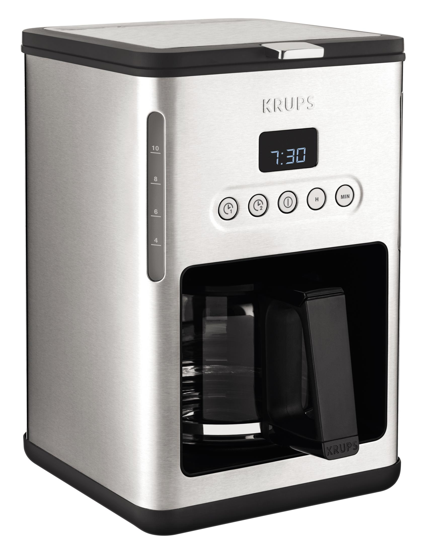 Silberfarbene Krups Kaffeemaschine mit Digitalanzeige für Zeit und Knöpfen.