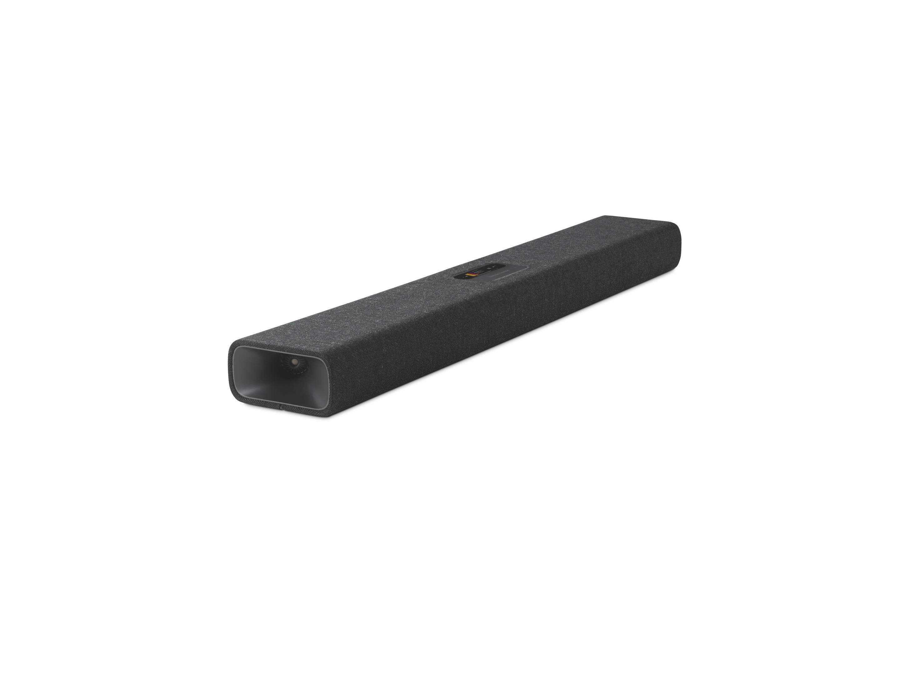 Graue Soundbar auf weißer Oberfläche. Rechteckige Form, Stoffbezug.