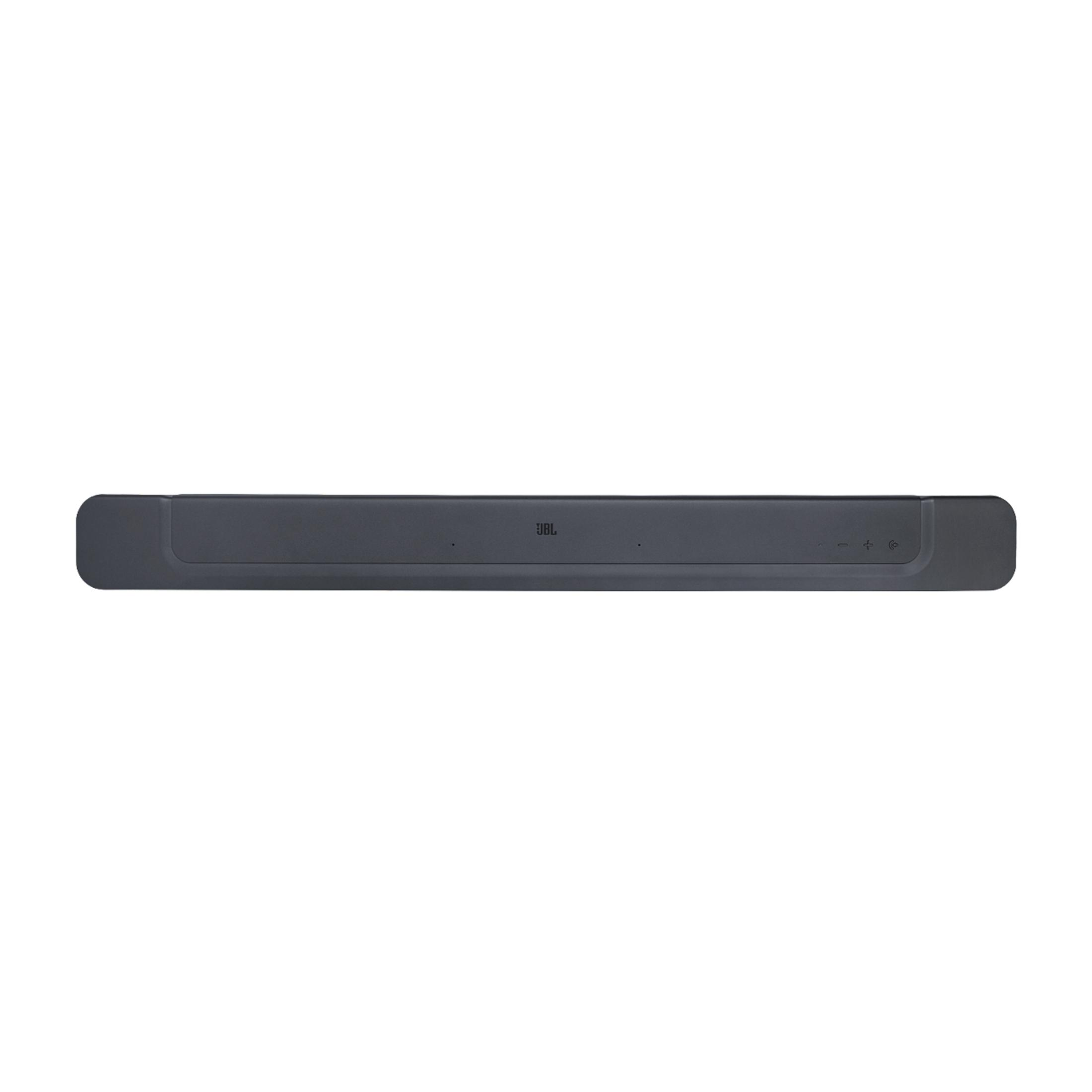 Yukarıdan görünen, beyaz bir arka plan üzerinde koyu gri bir soundbar.