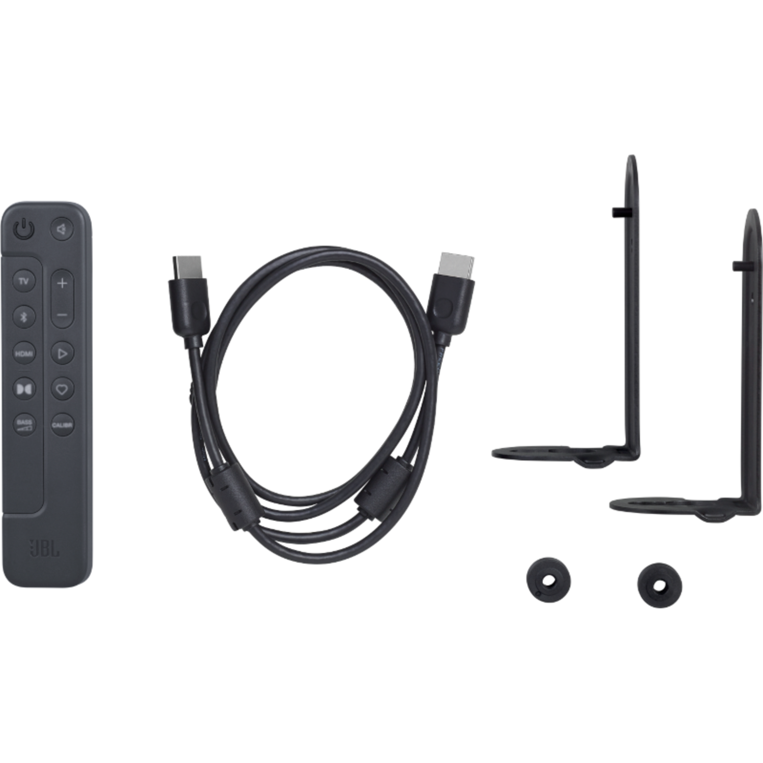 Uzaktan kumanda, kablo ve bir soundbar için iki stand bileşeni, hepsi siyah bir arka plan üzerinde.