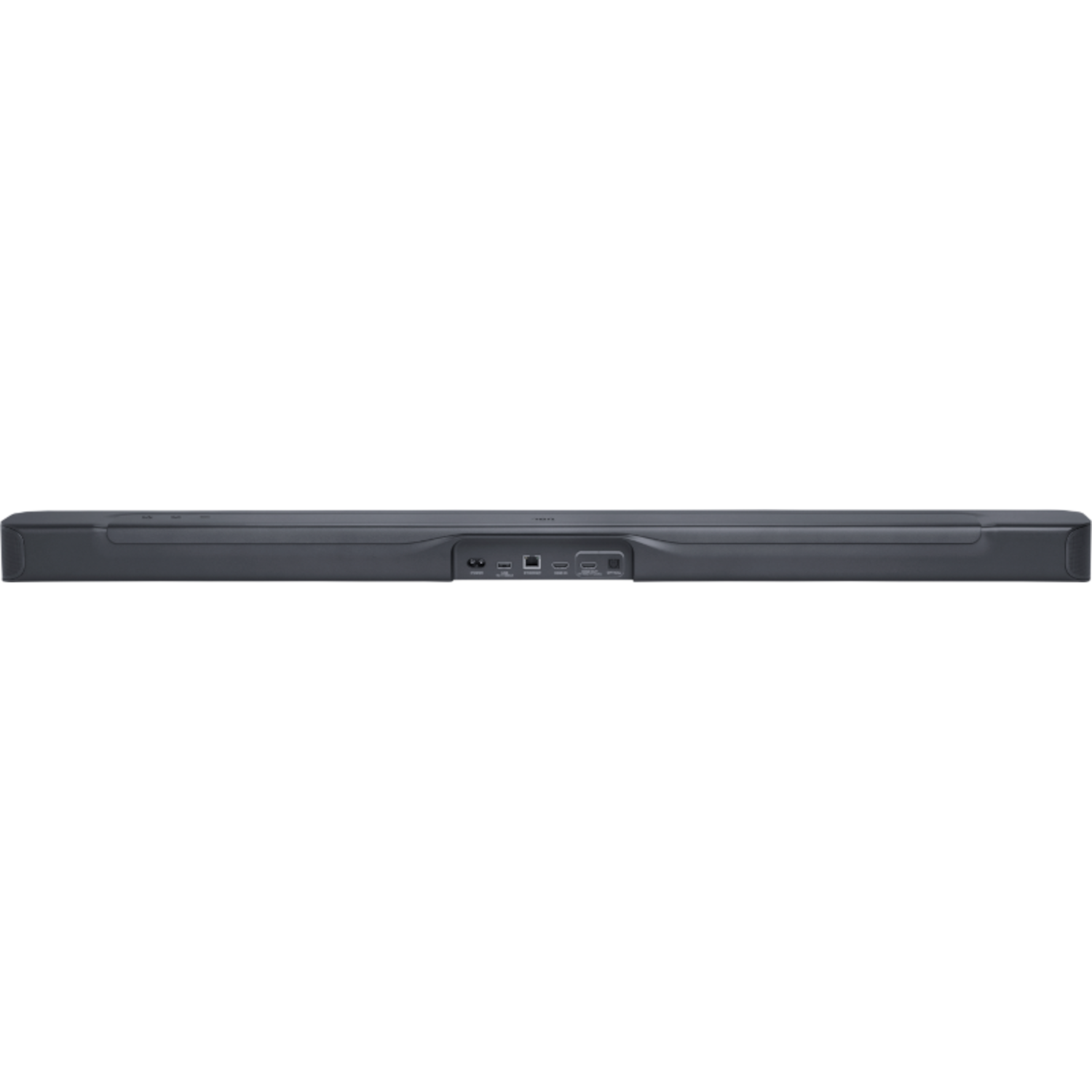 Siyah bir arka plan üzerinde soundbar. Soundbar'ın arkası görünür.